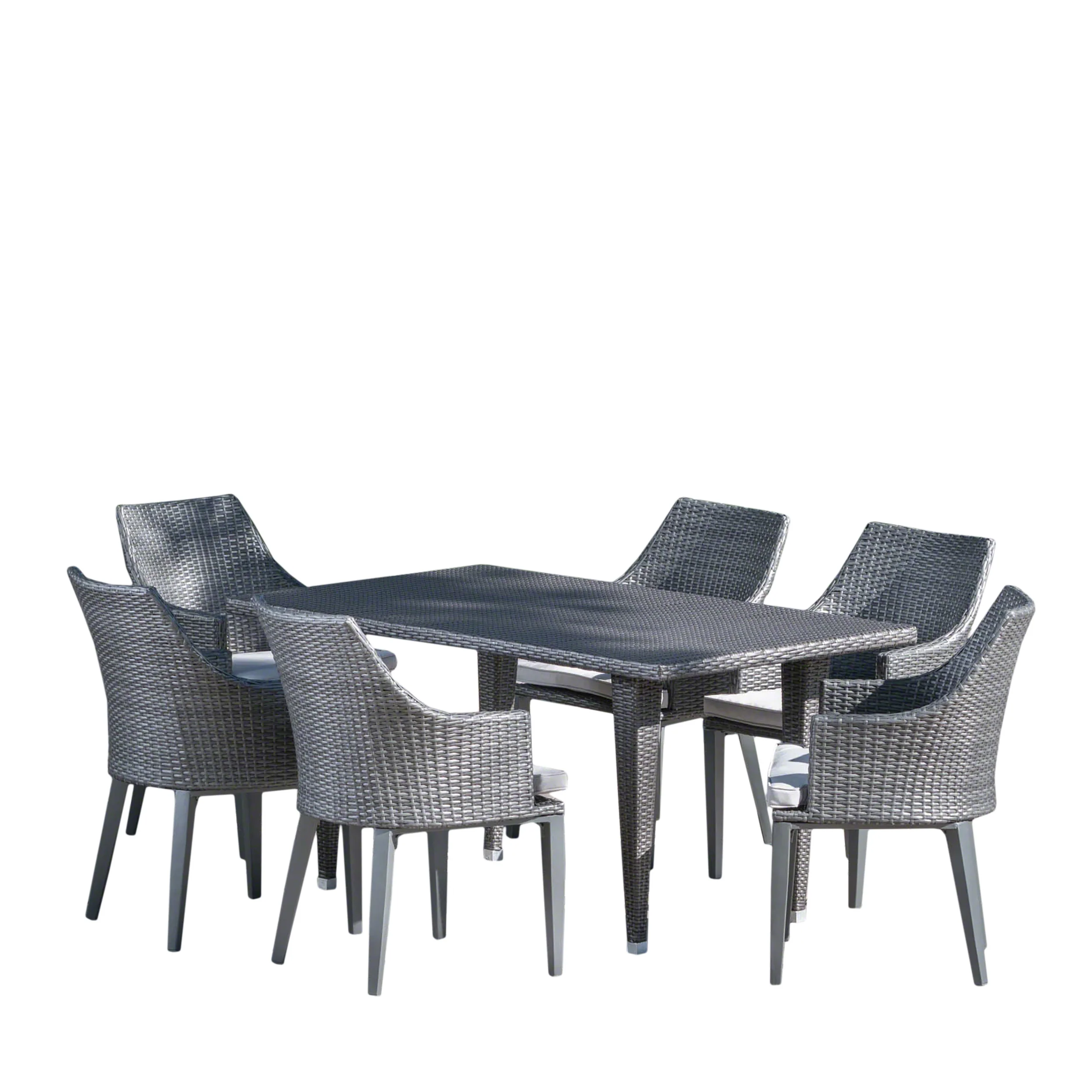 Lenny Outdoor 7 Piece Gray Wicker Dining Set with Water Resistant Cushions - furnishings