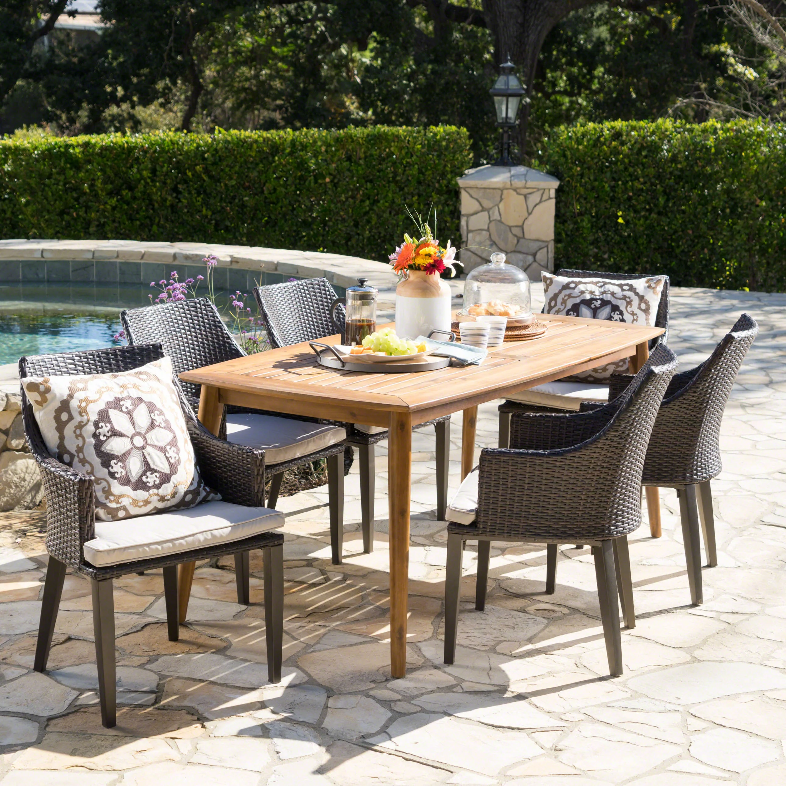 Allentown Outdoor 7 Piece Multi-brown Wicker Dining Set with Acacia Wood Table - furnishings