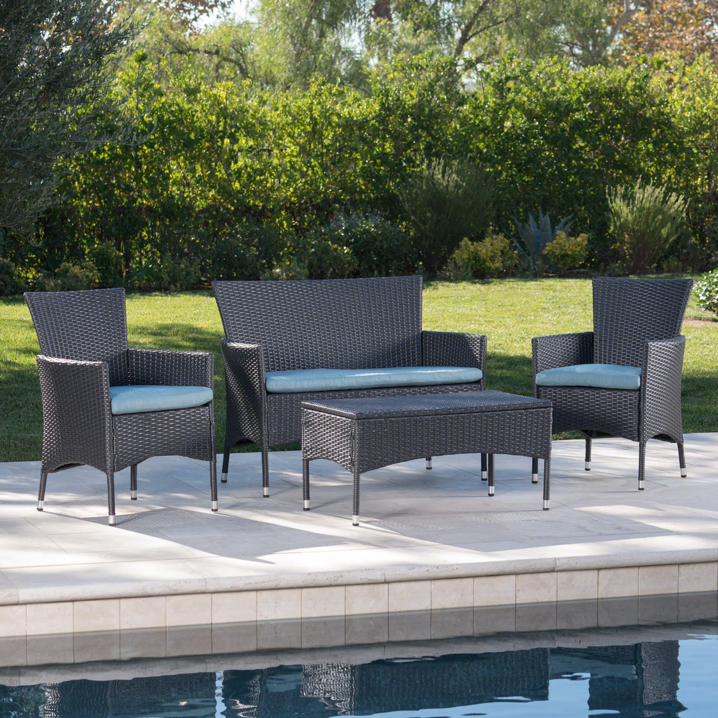 Mina Outdoor 4 Piece Wicker Chat Set with Water Resistant Cushions - furnishings