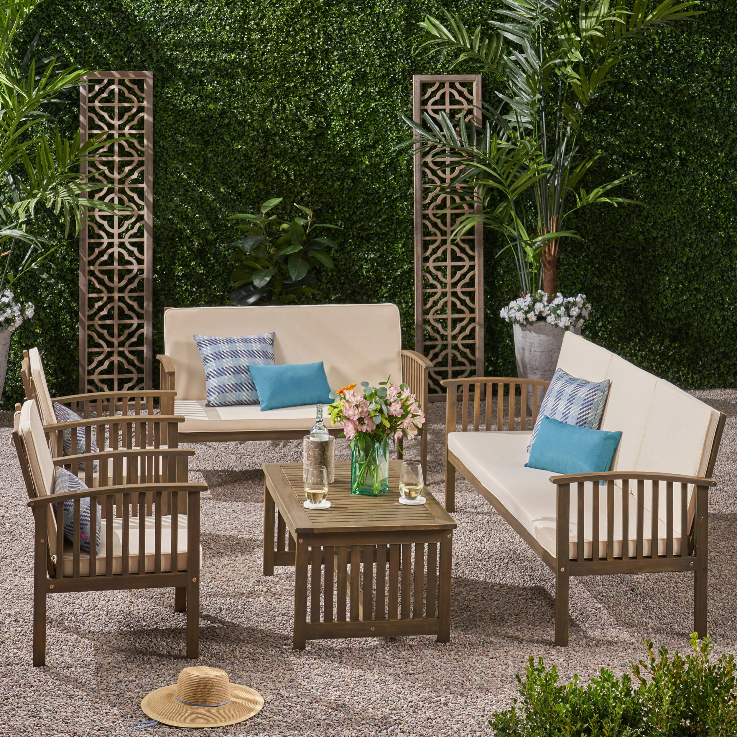 Simona Outdoor 5 Piece Acacia Wood Conversational Set - furnishings