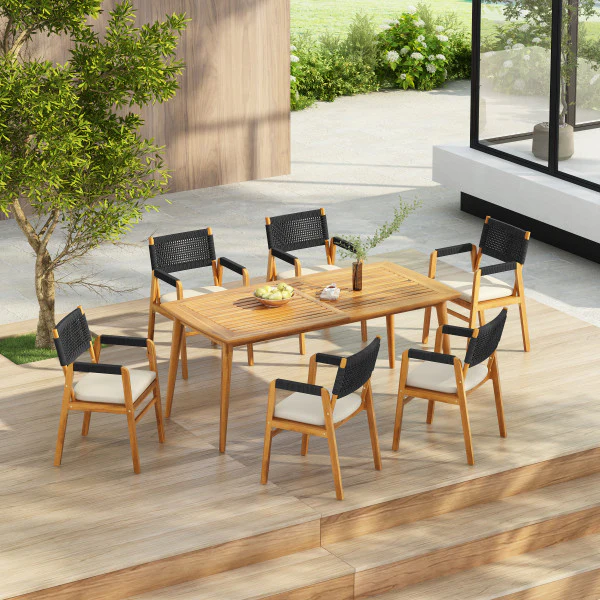 Rowana Outdoor Dining Set 6 Chairs with Table, Wood Finish - furnishings
