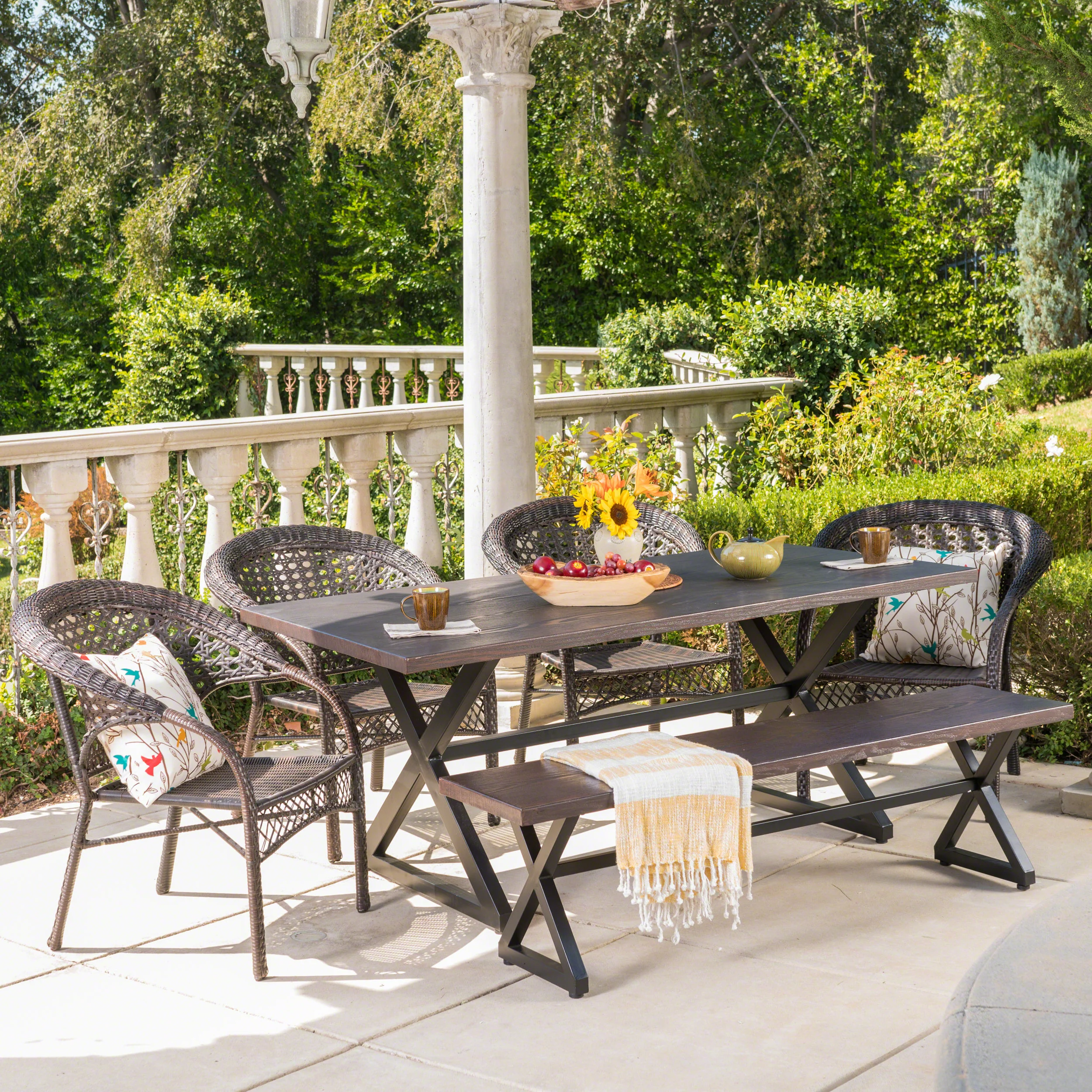 Keness Outdoor 6 Piece Aluminum Dining Set with Bench and Wicker Stacking Chairs - furnishings