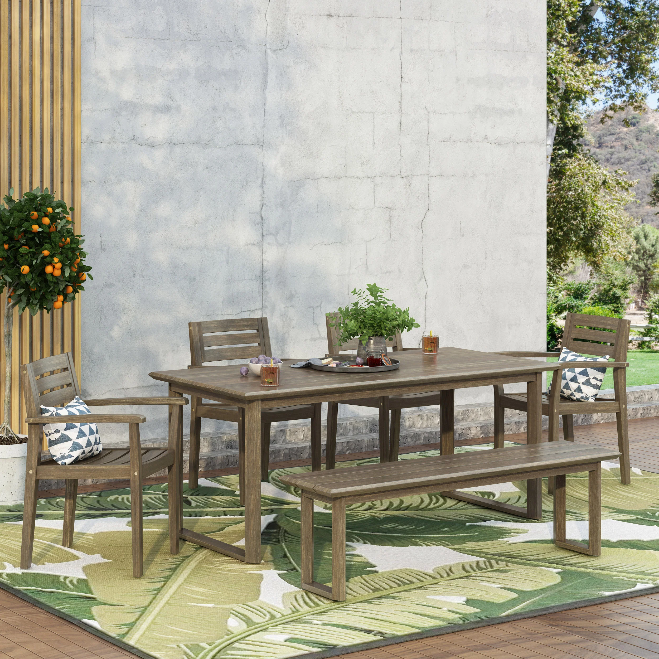 Nibley Outdoor Acacia Wood 6 Piece Dining Set with Bench - furnishings