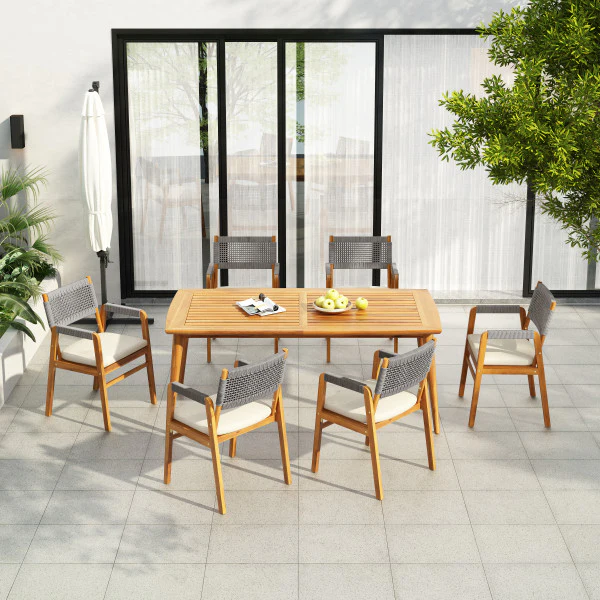 Rowana Outdoor Dining Set 6 Chairs with Table, Wood Finish - furnishings