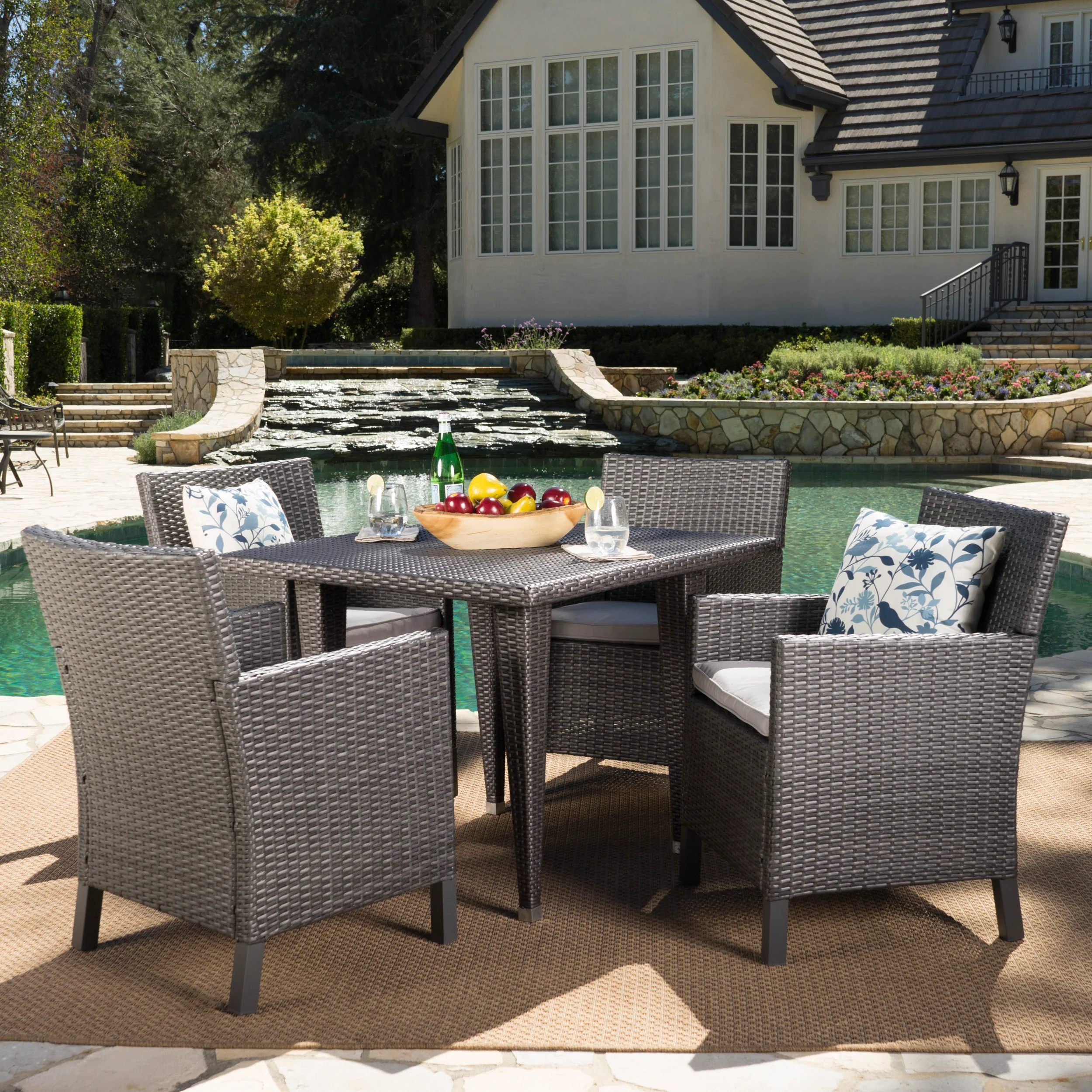 Cerrenne Outdoor 5 Piece Wicker Dining Set with Water Resistant Cushions - furnishings