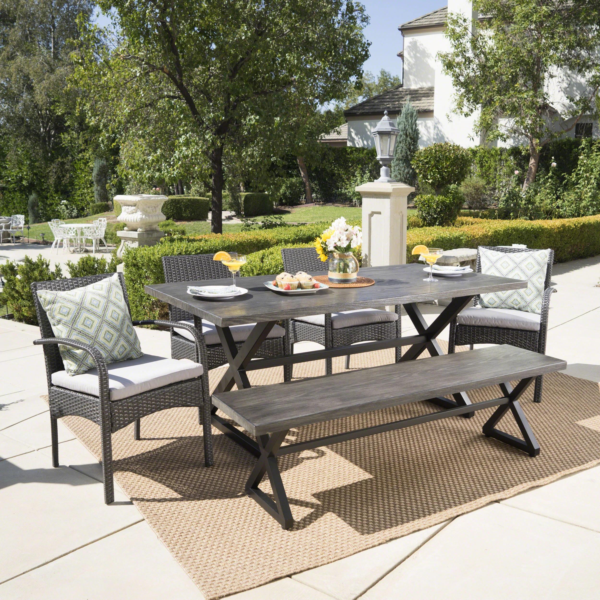 Sicily Outdoor 6 Piece Gray Aluminum Dining Set with Bench and Gray Wicker Dining Chairs - furnishings