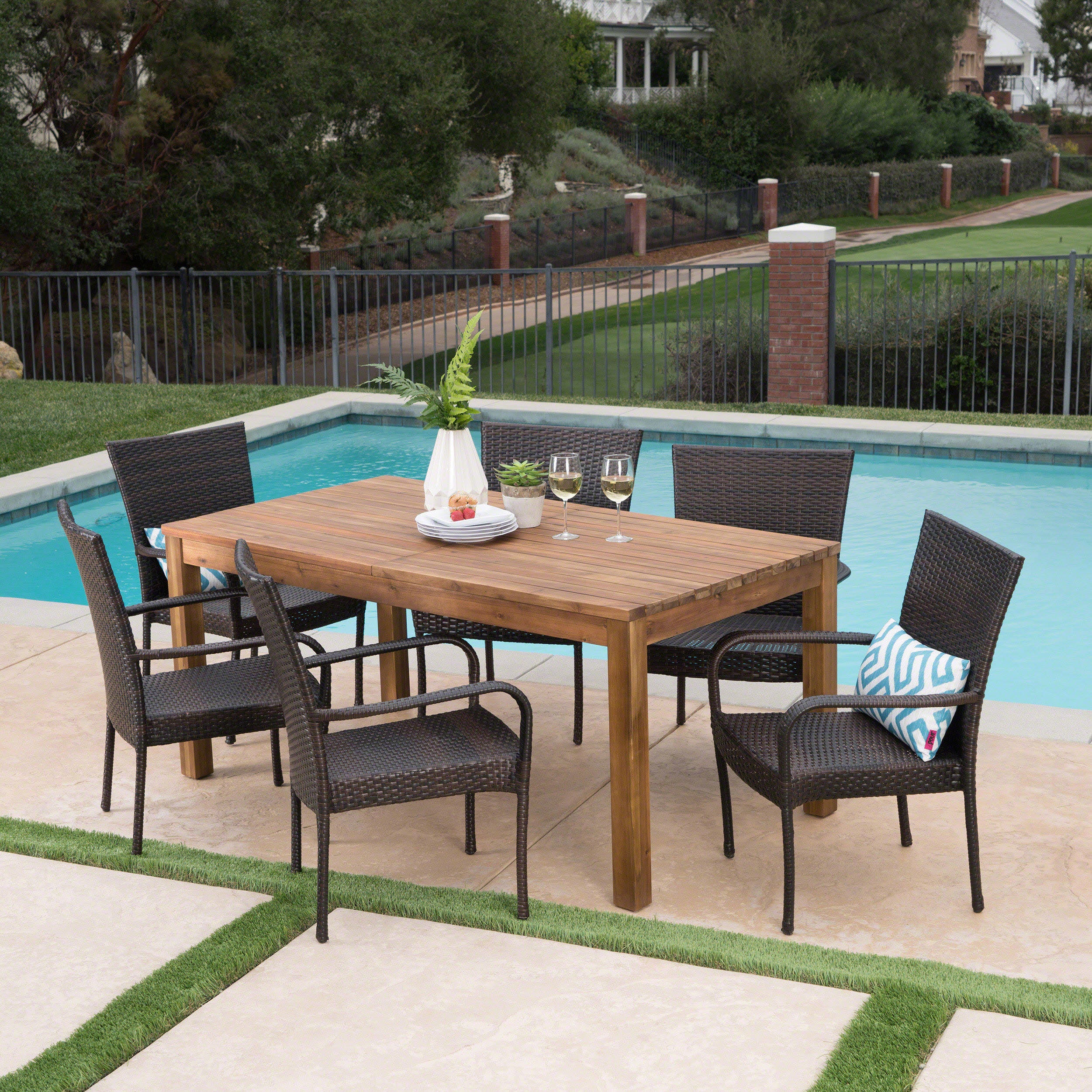 Delilah Outdoor 7 Piece Wicker Dining Set with Wood Expandable Dining Table - furnishings