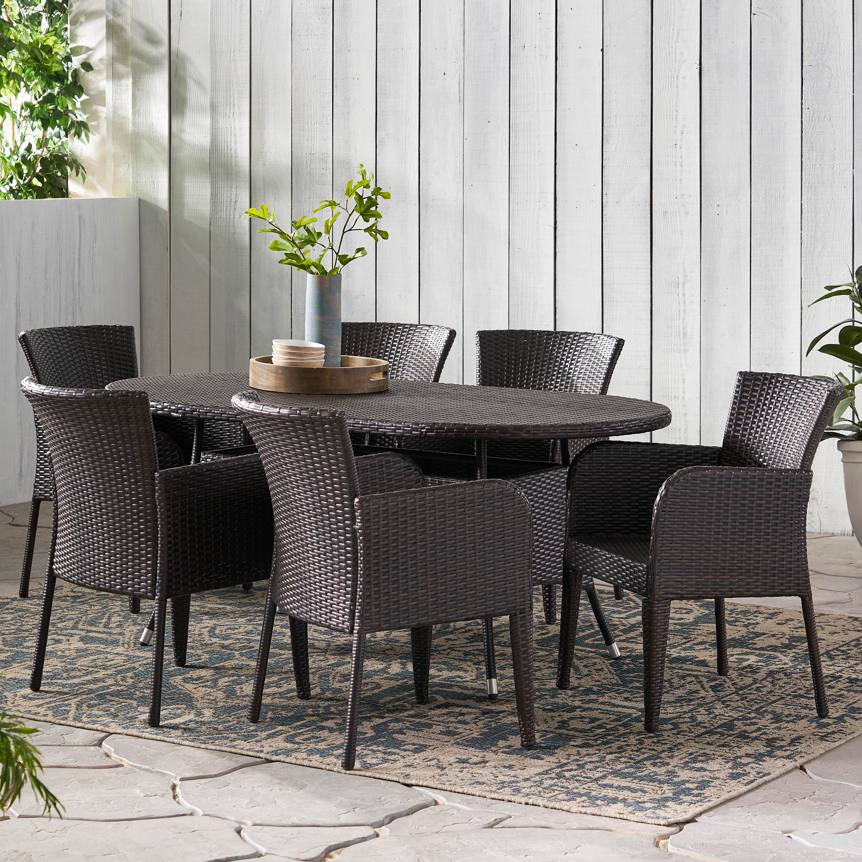 Costa Multi-brown PE Wicker 7 Piece Outdoor Dining Set - furnishings