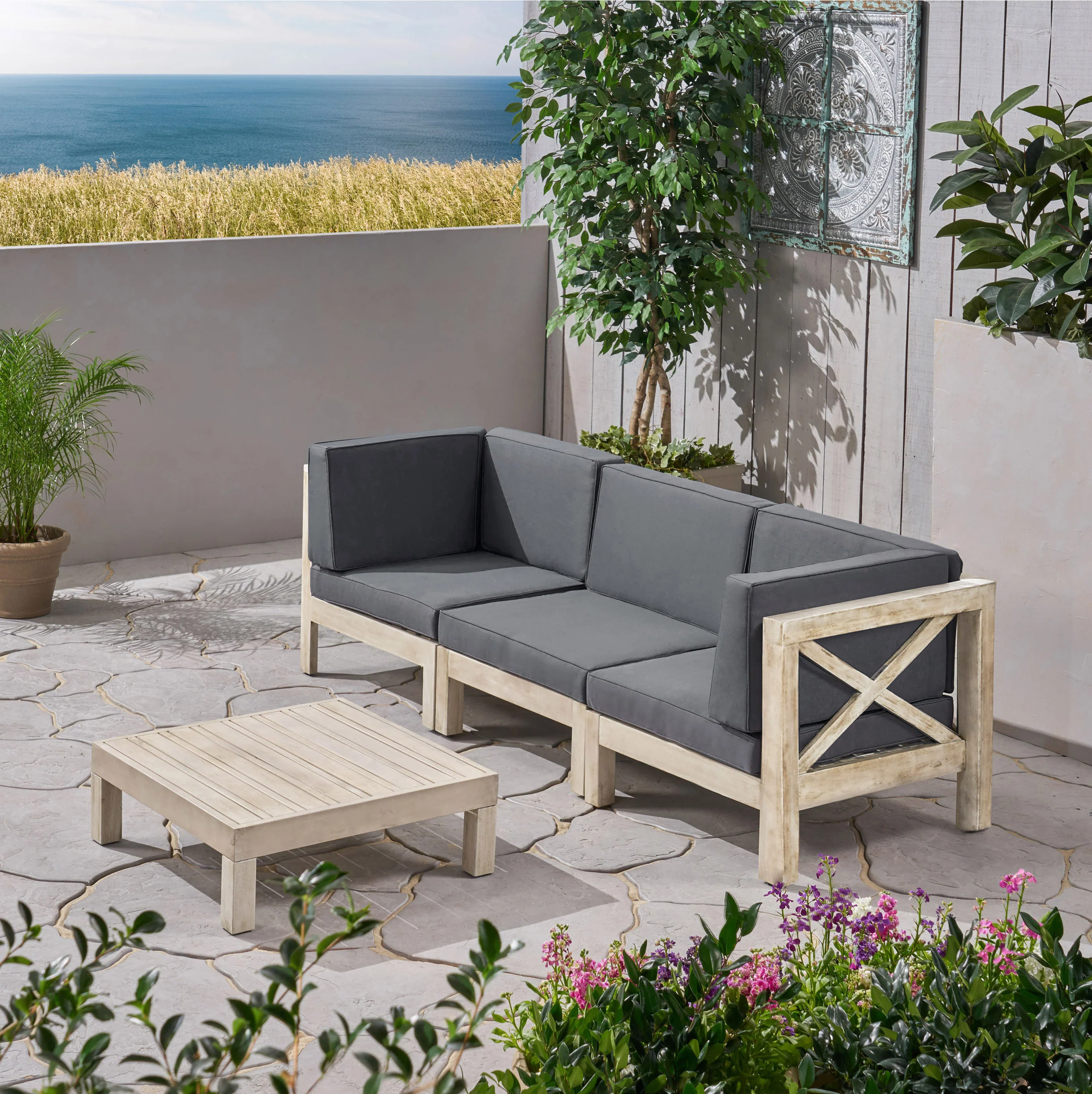 Brava Outdoor Modular Acacia Wood Sofa and Coffee Table Set with Cushions - furnishings