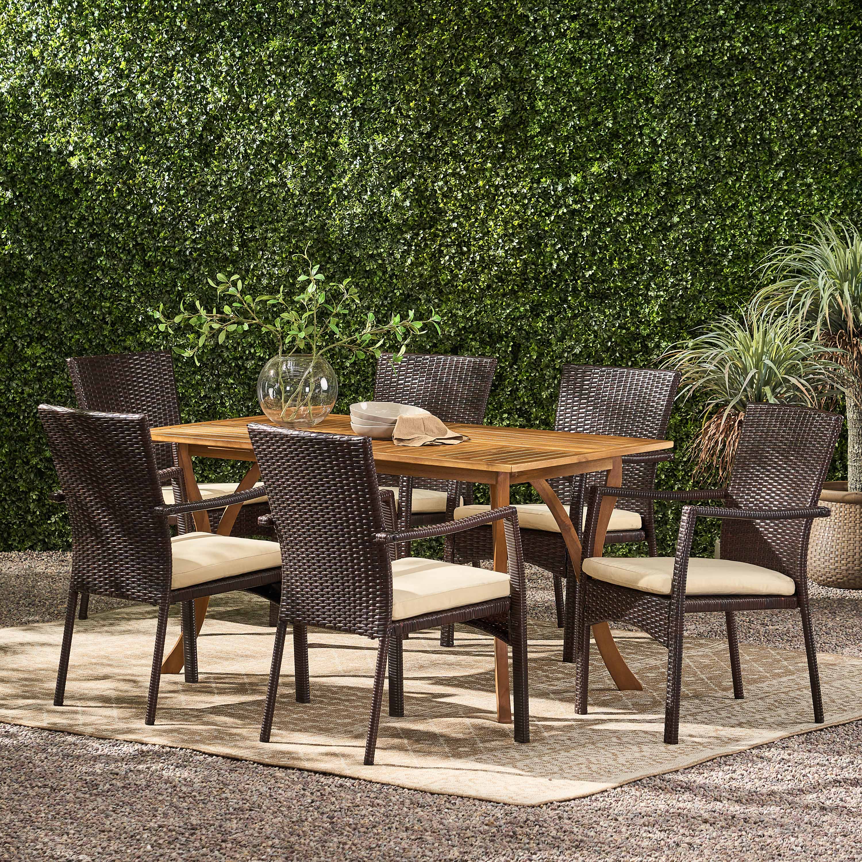Caprise 7 Piece Outdoor Dining Set (Wood Table w/ Wicker Chairs) - furnishings