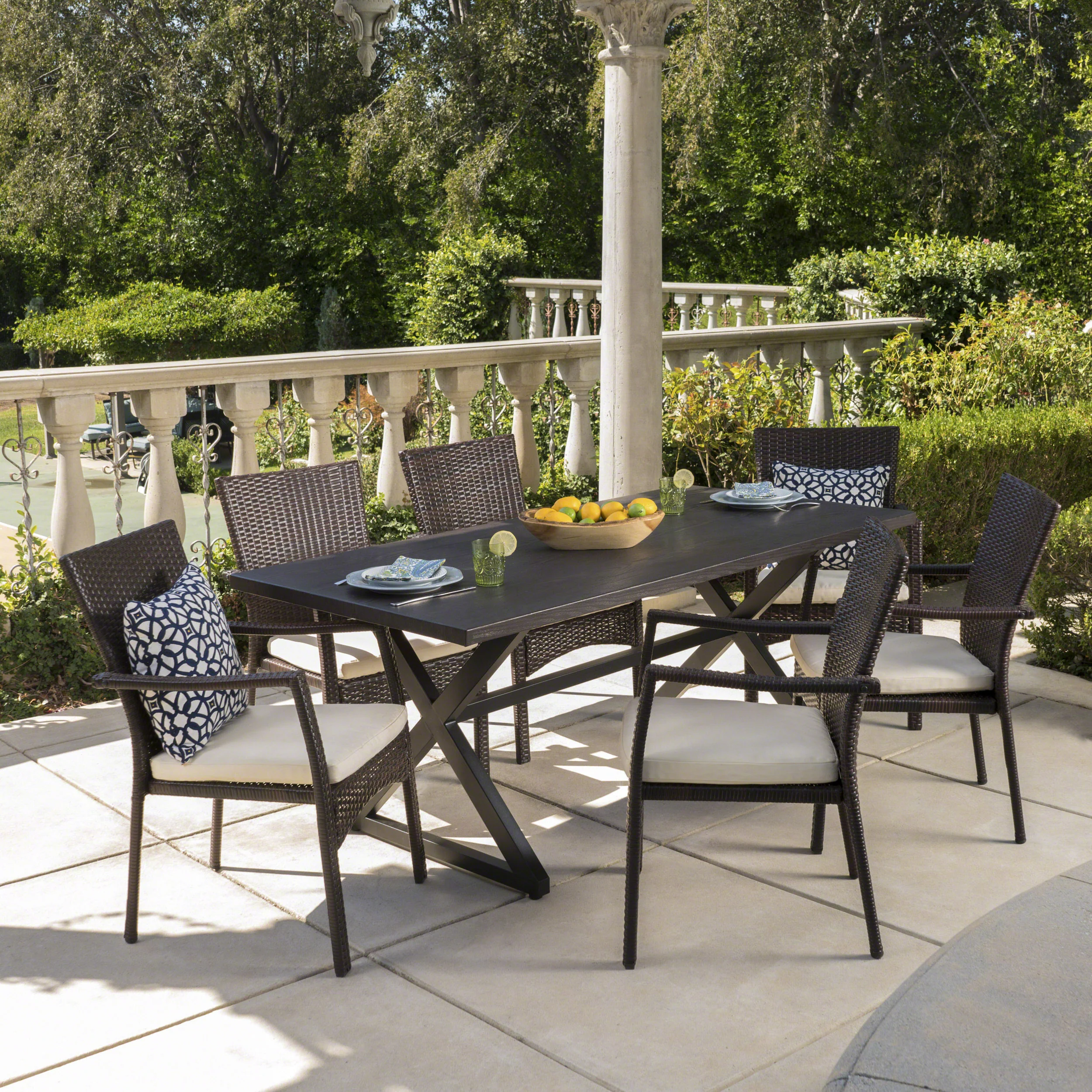 Adelade Outdoor 7 Piece Aluminum Dining Set with Wicker Dining Chairs - furnishings
