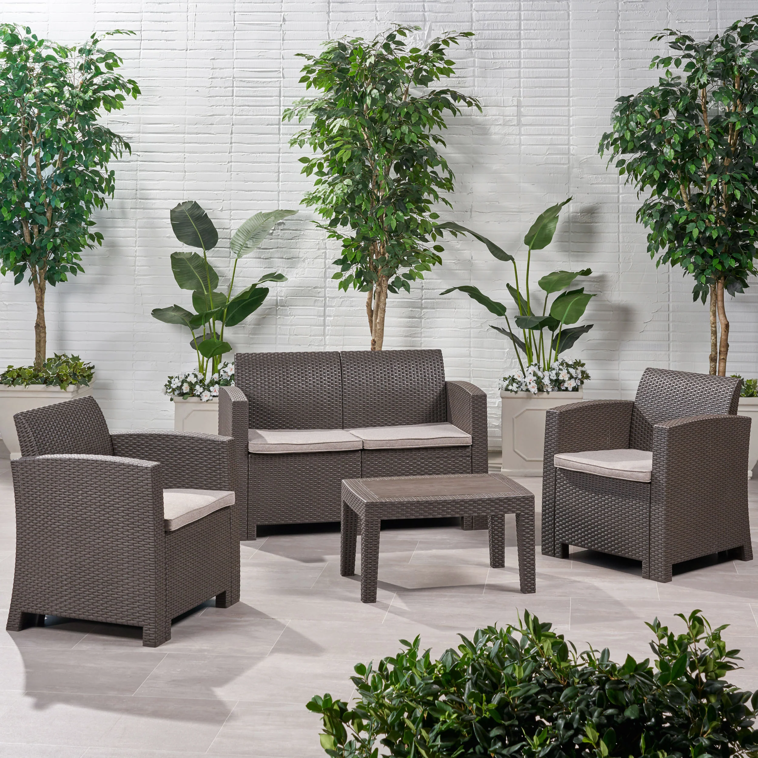 Dayton Outdoor 4 Piece Faux Wicker Rattan Chat Set with Water Resistant Cushions - furnishings