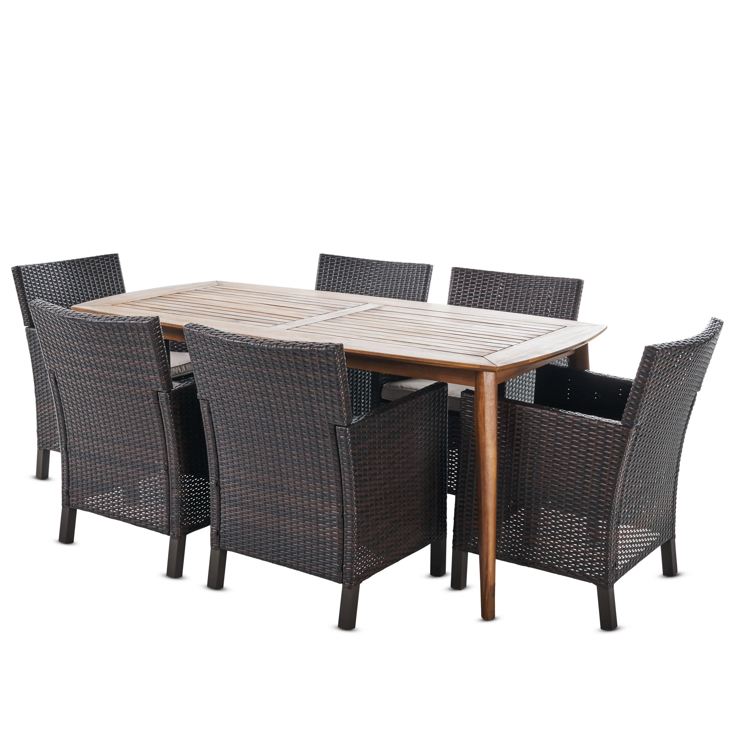 Reeves Outdoor 7 Piece Wicker Dining Set with Acacia Wood Table - furnishings