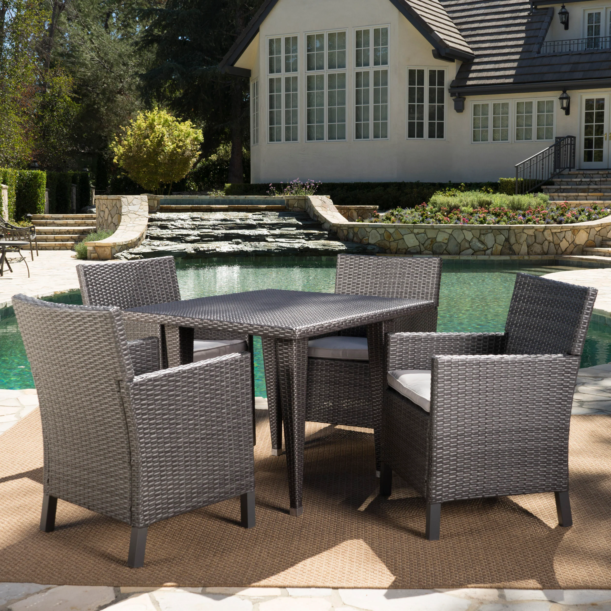 Cerrenne Outdoor 5 Piece Wicker Dining Set with Water Resistant Cushions - furnishings