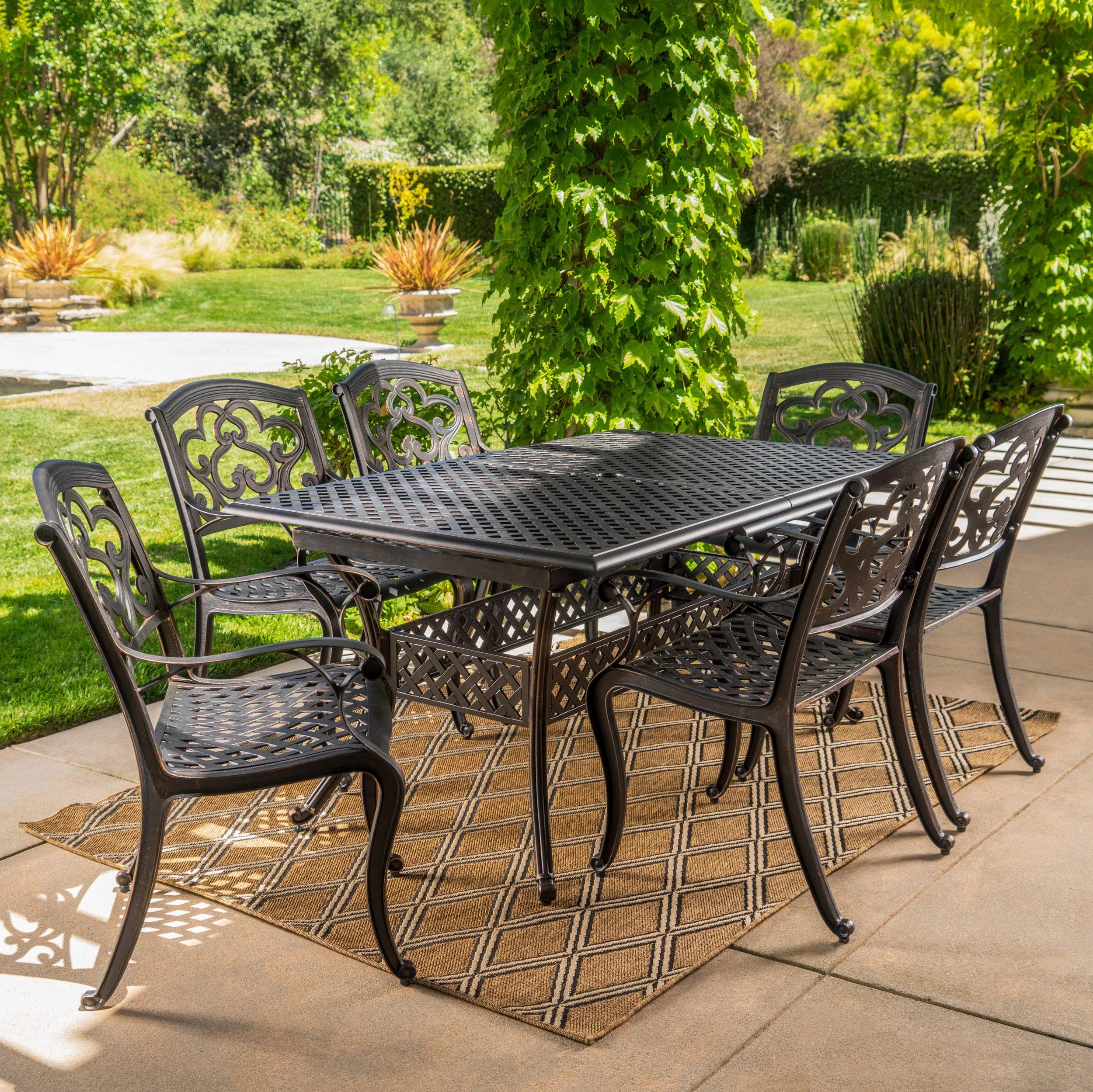 Ariel Outdoor 7 Pc Cast Aluminum Dining Set with Extension Leaf - furnishings
