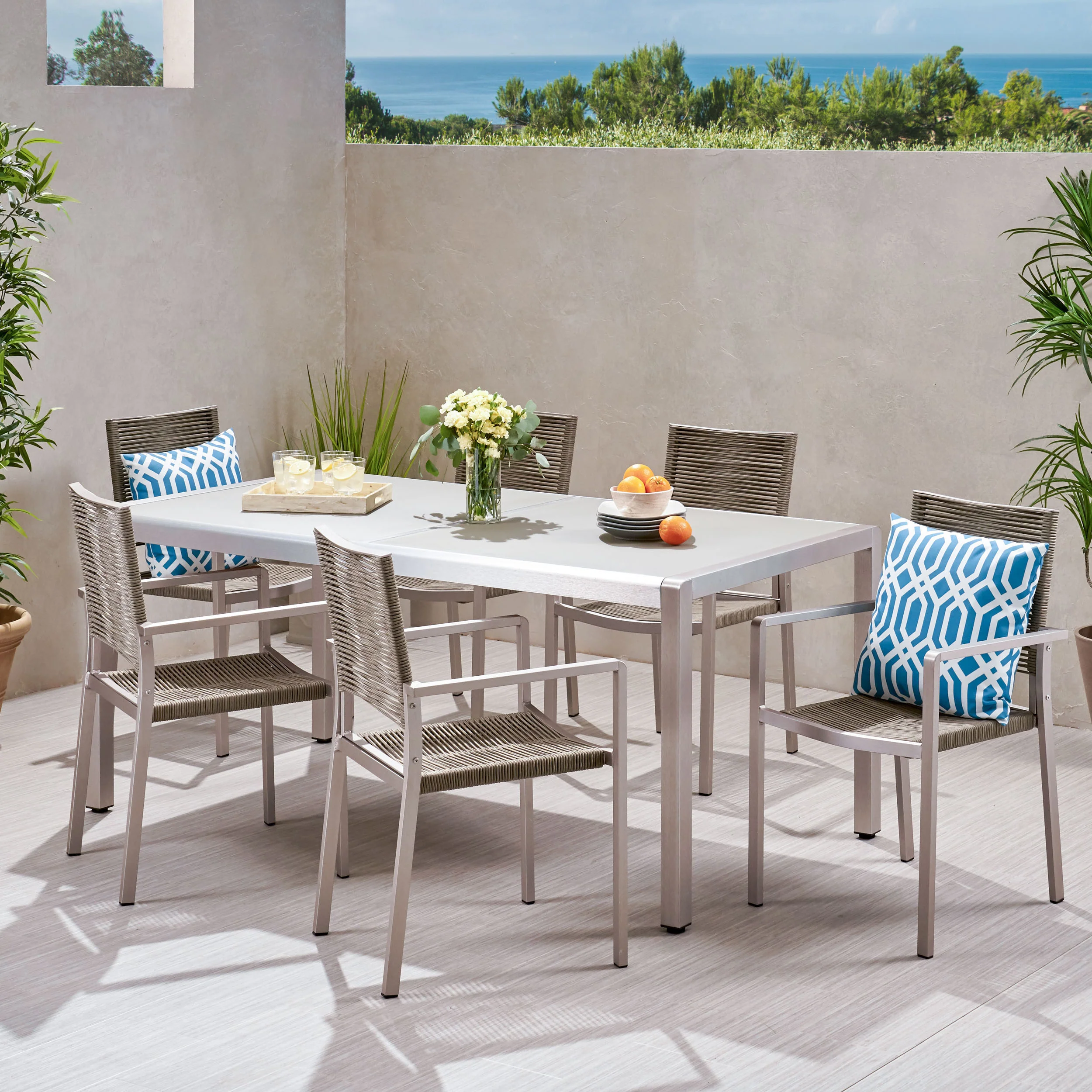 Aaleigha Outdoor Modern 6 Seater Aluminum Dining Set with Tempered Glass Table Top - furnishings