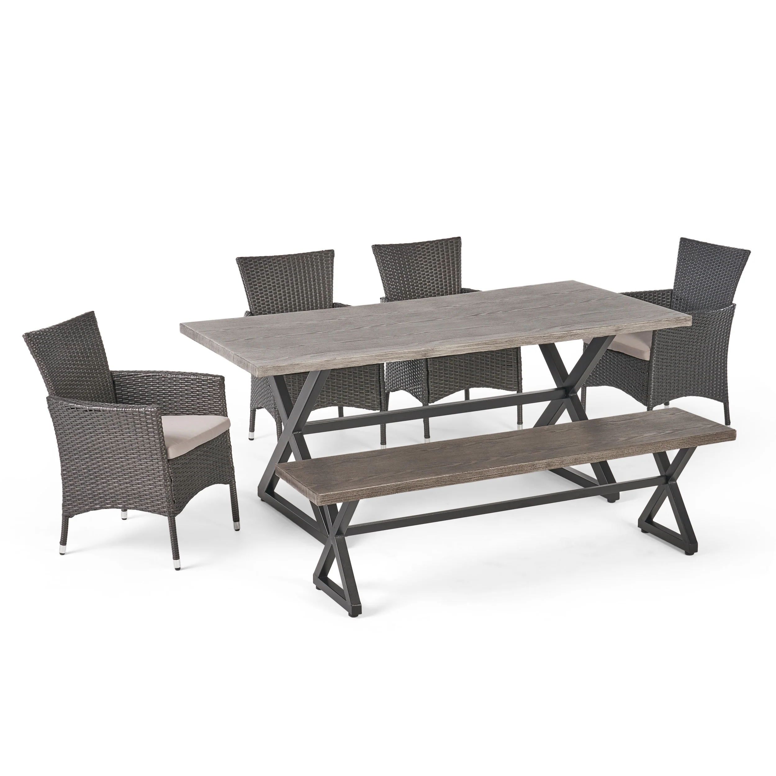 Owenburg Outdoor 6 Piece Aluminum Dining Set with Bench and Wicker Dining Chairs - furnishings