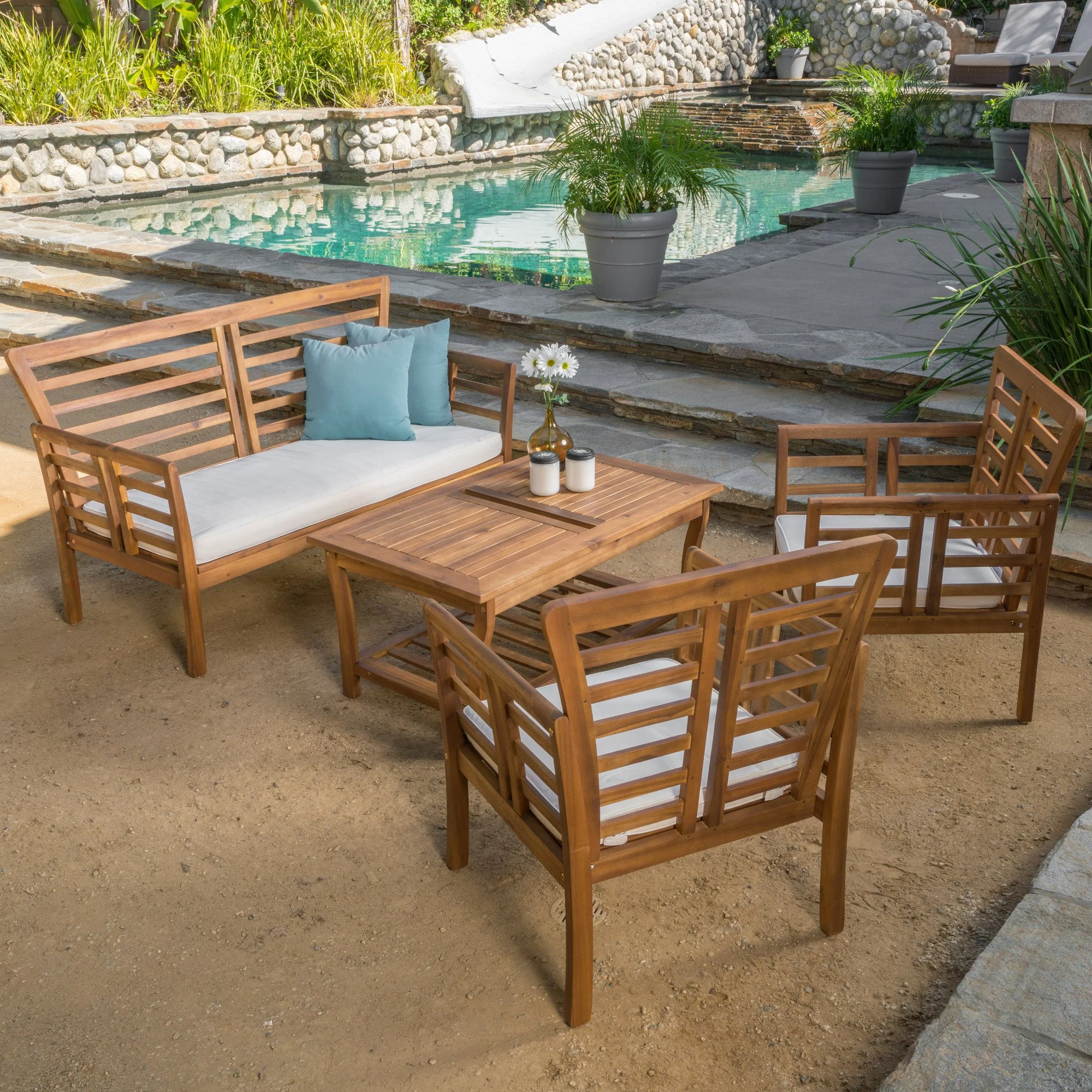 Louis Outdoor 4-piece Solid Wood Chat Set with Cushions - furnishings