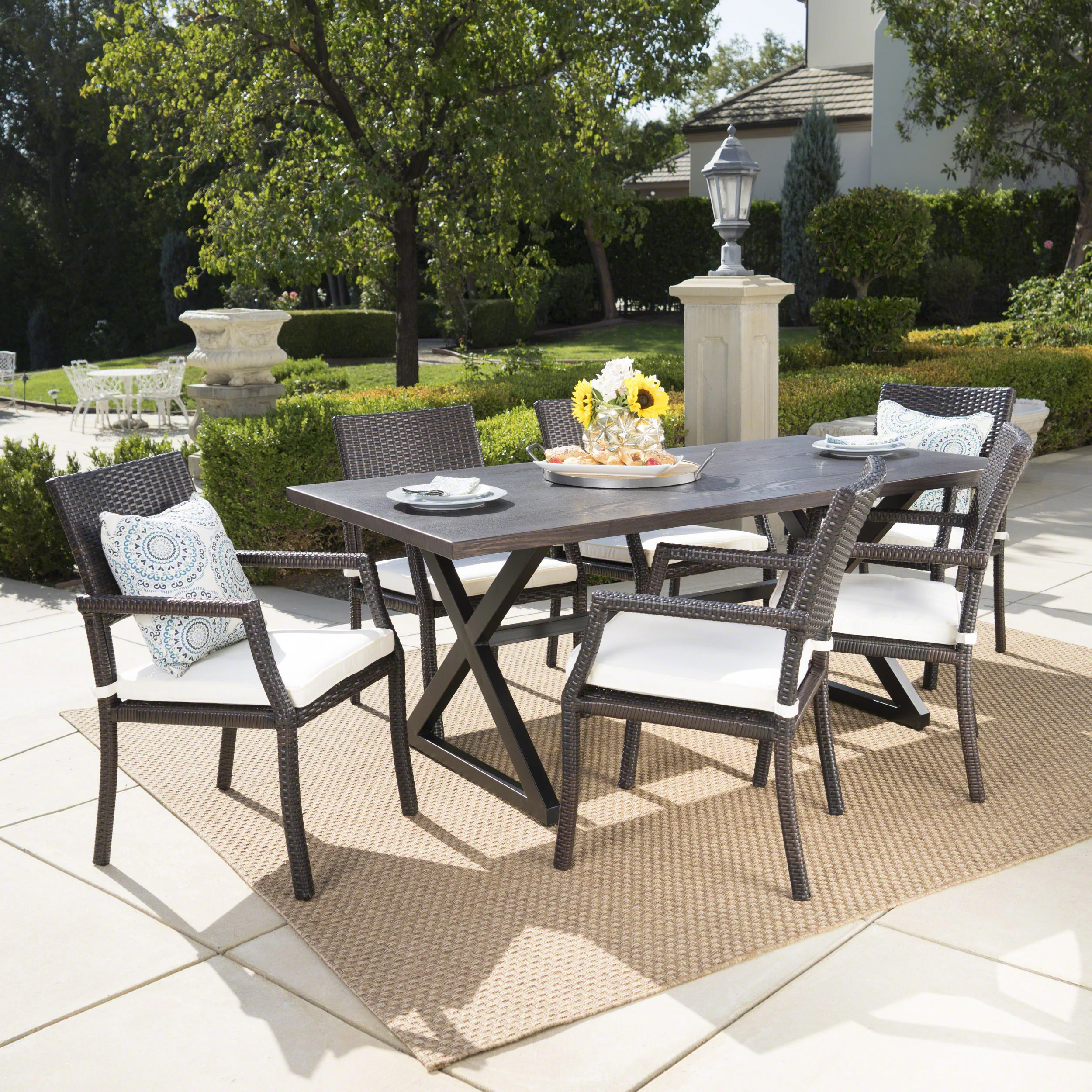 Alania Outdoor 7 Piece Aluminum Dining Set with Wicker Dining Chairs - furnishings