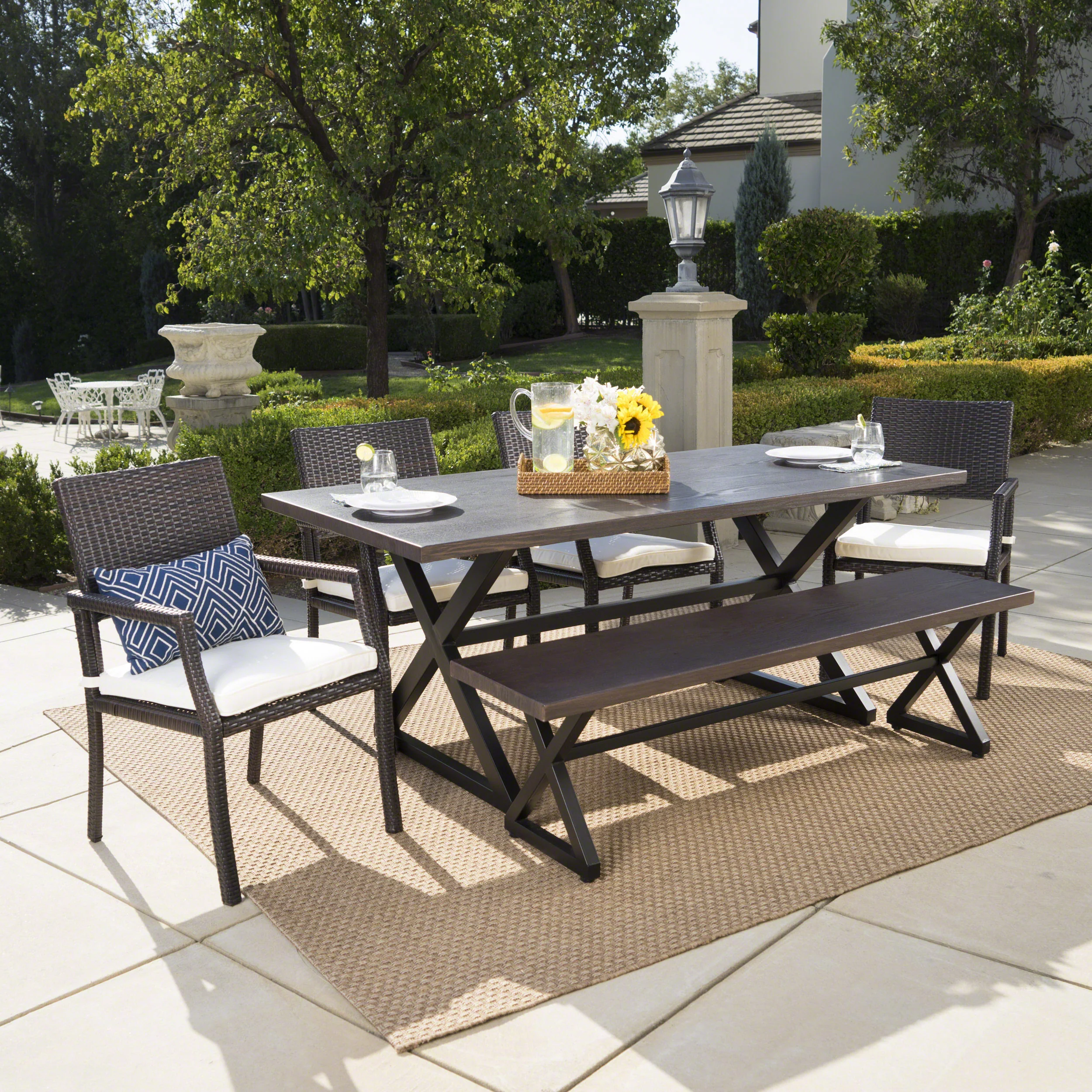 Sherman Outdoor 6 Piece Aluminum Dining Set with Bench and Wicker Dining Chairs - furnishings