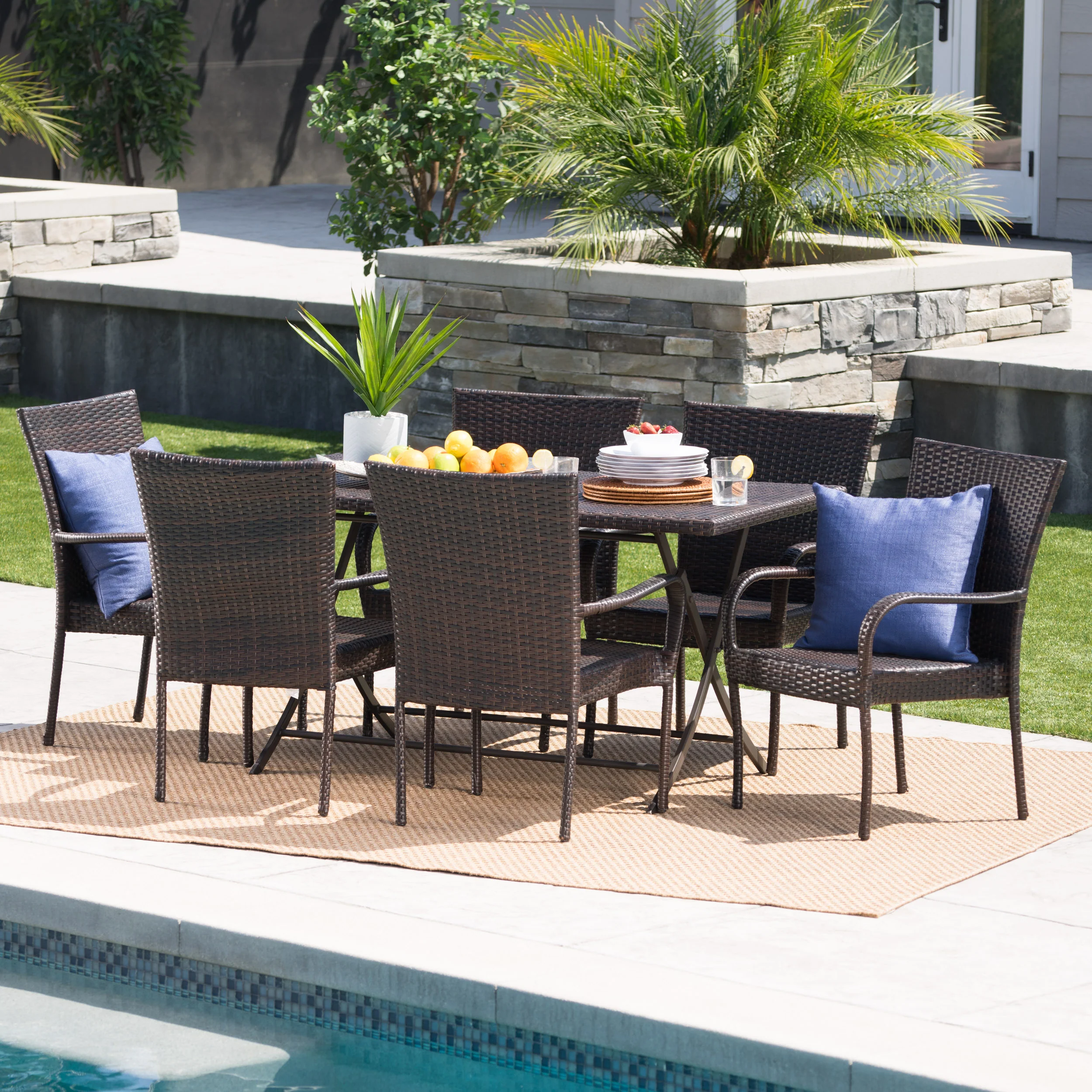 Nina Outdoor 7-Piece Multi-Brown Wicker Dining Set with Foldable Table - furnishings