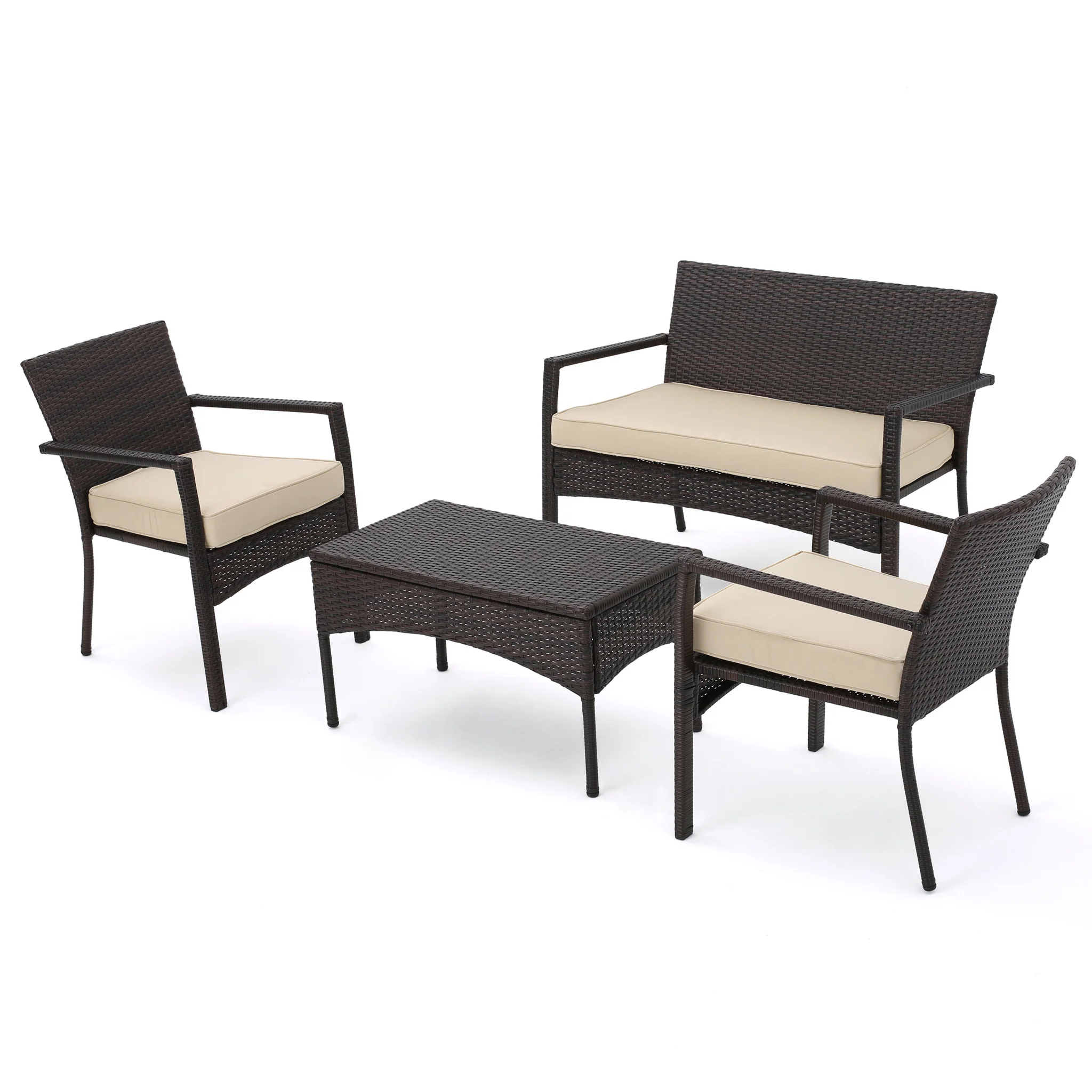 Tahiti Outdoor 4 Piece Multi-brown Wicker Chat Set with Dark Cream Water Resistant Fabric Cushions - furnishings