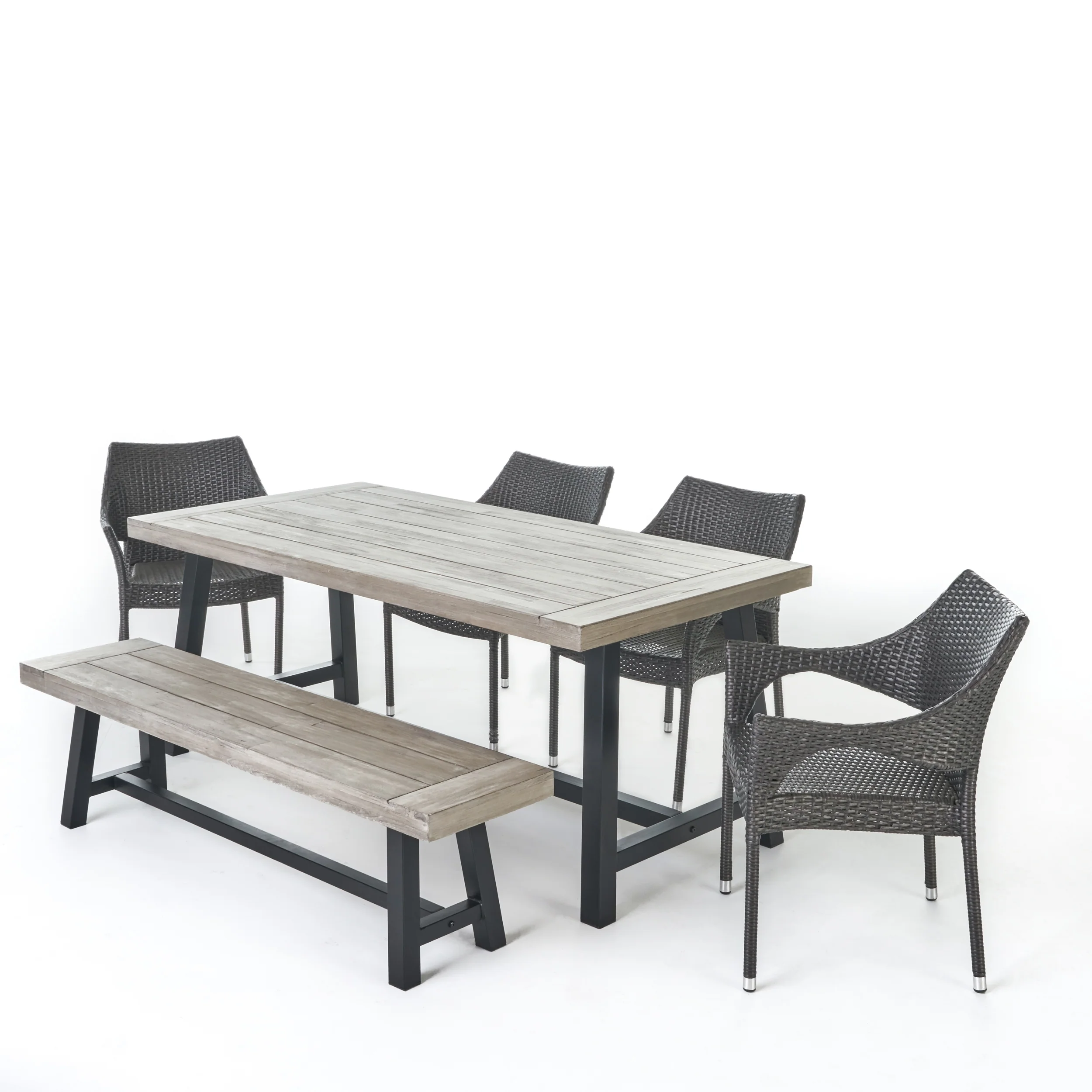 Flora Outdoor 6 Piece Wicker Dining Set with Acacia Wood Table and Bench - furnishings