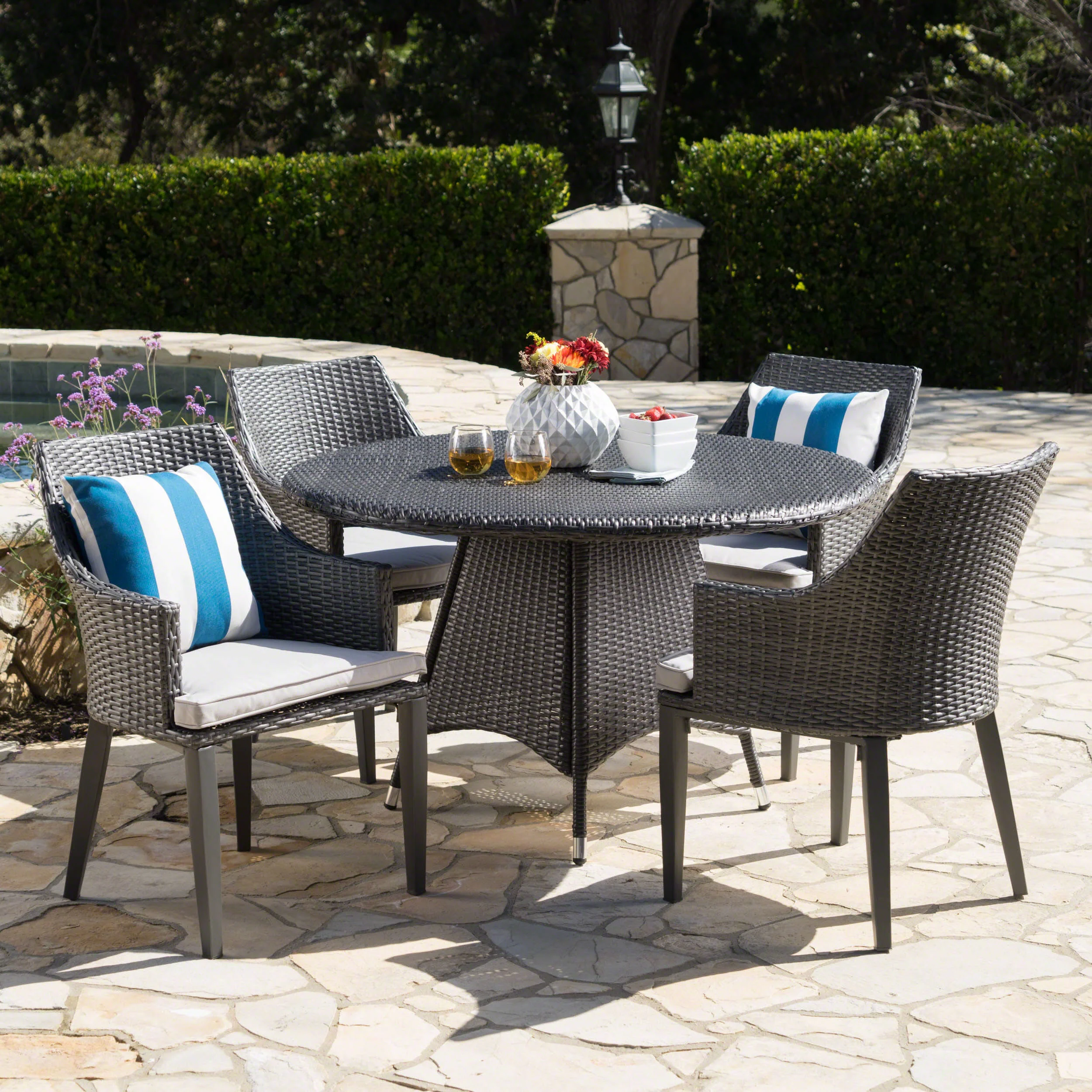 Leeward Outdoor 5 Piece Wicker Round Dining Set with Water Resistant Cushions - furnishings