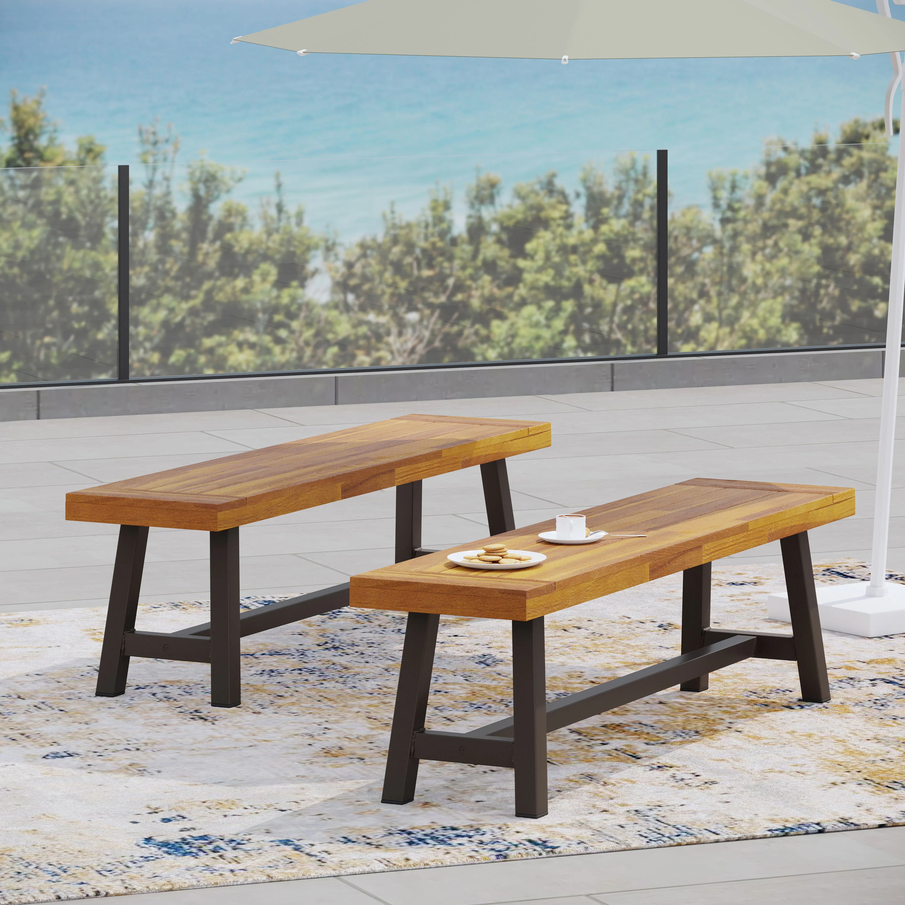 Bowman Outdoor Acacia Wood Benches, Set of 2 - furnishings