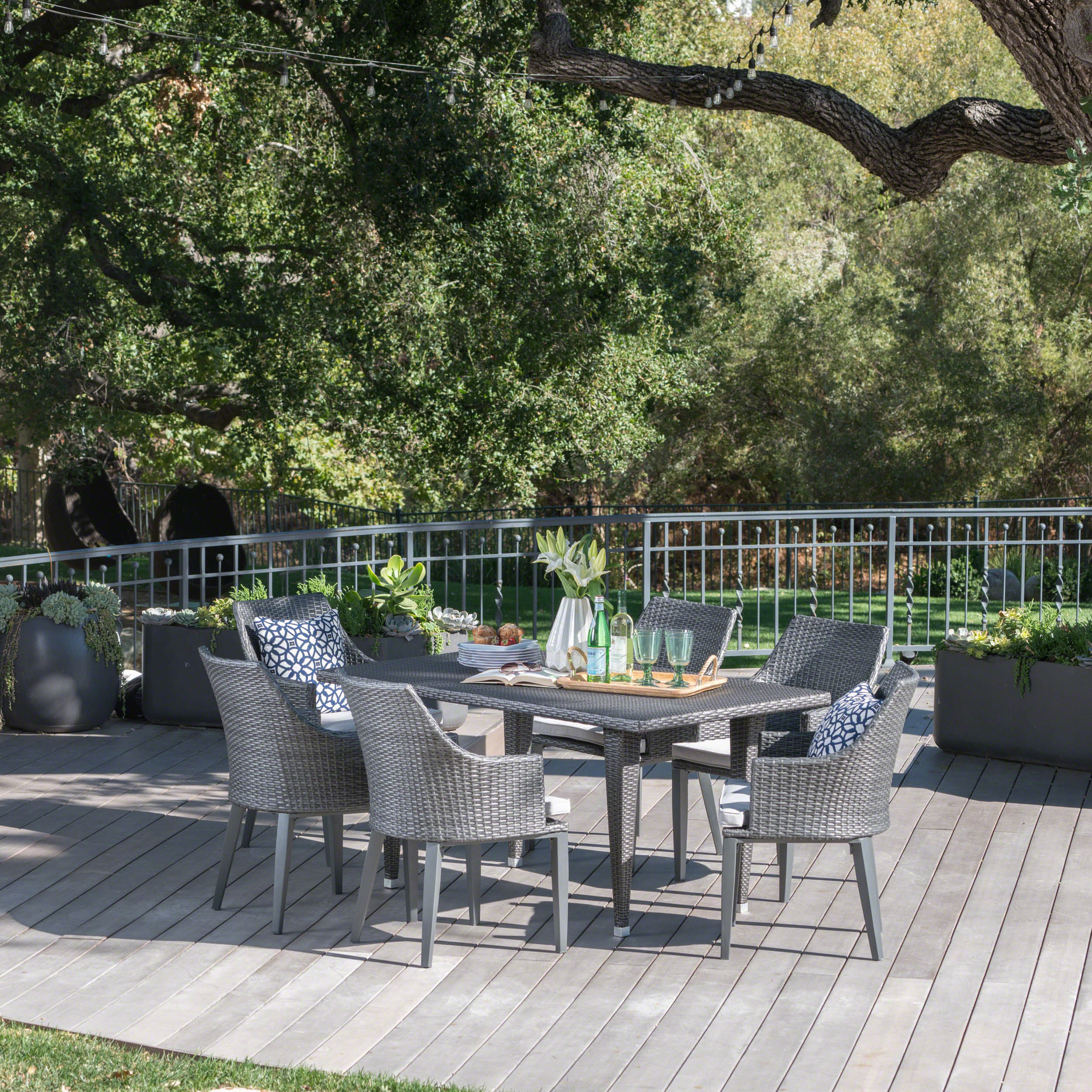 Lenny Outdoor 7 Piece Gray Wicker Dining Set with Water Resistant Cushions - furnishings