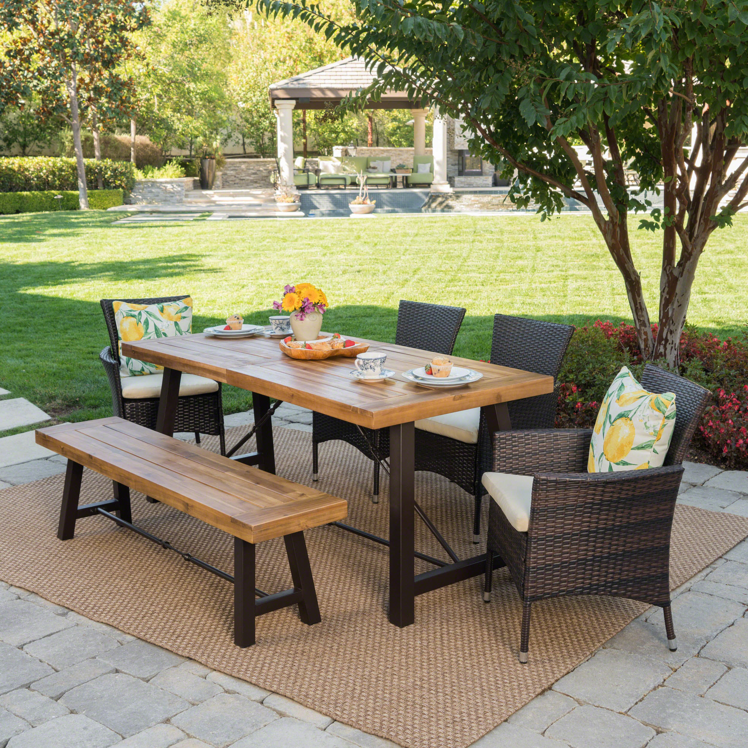 Jenine Outdoor 6 Piece Teak Finished Acacia Wood Dining Set with Multi-brown Dining Chairs - furnishings