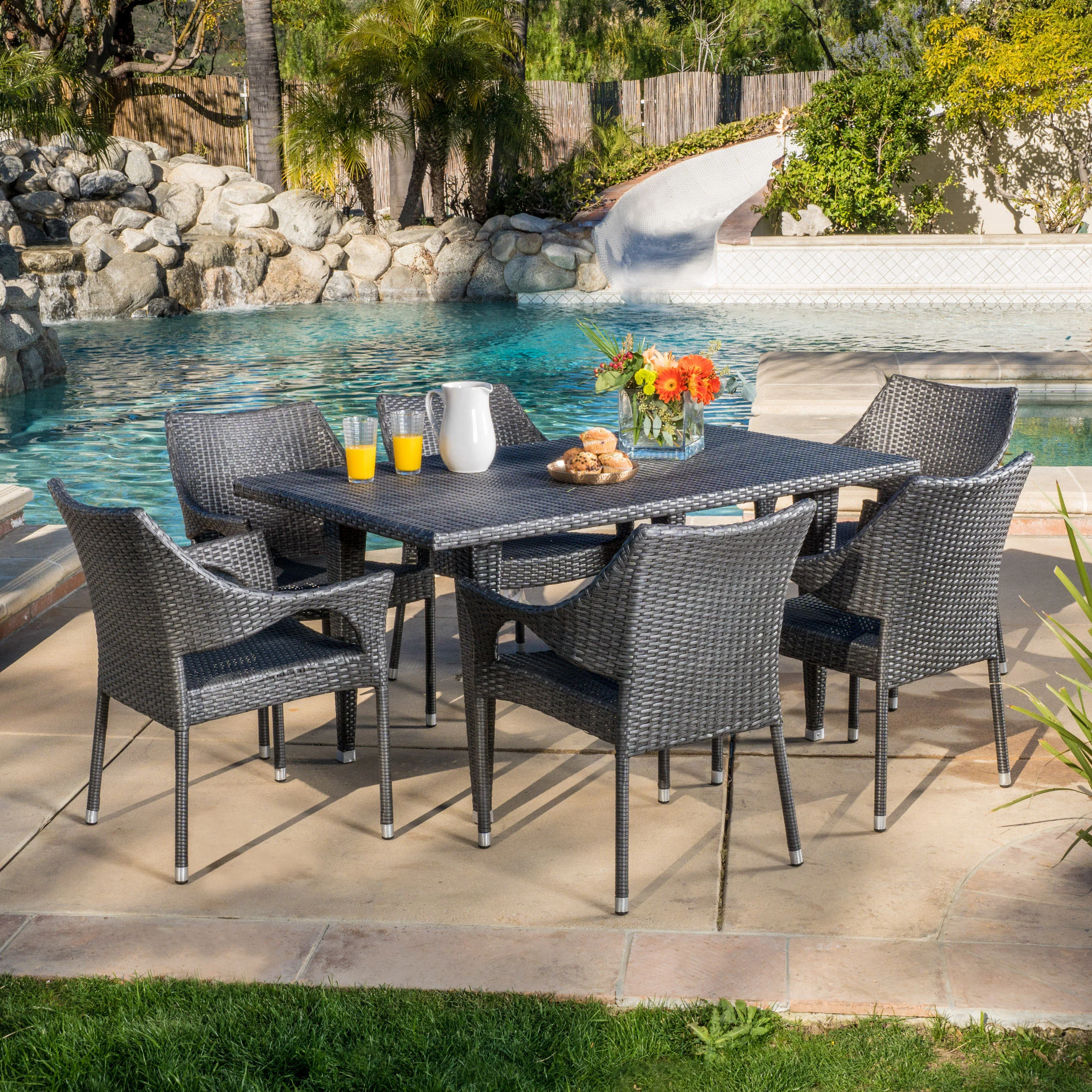 Alameda Outdoor 7-Piece Gray Wicker Dining Set with Stacking Chairs - furnishings