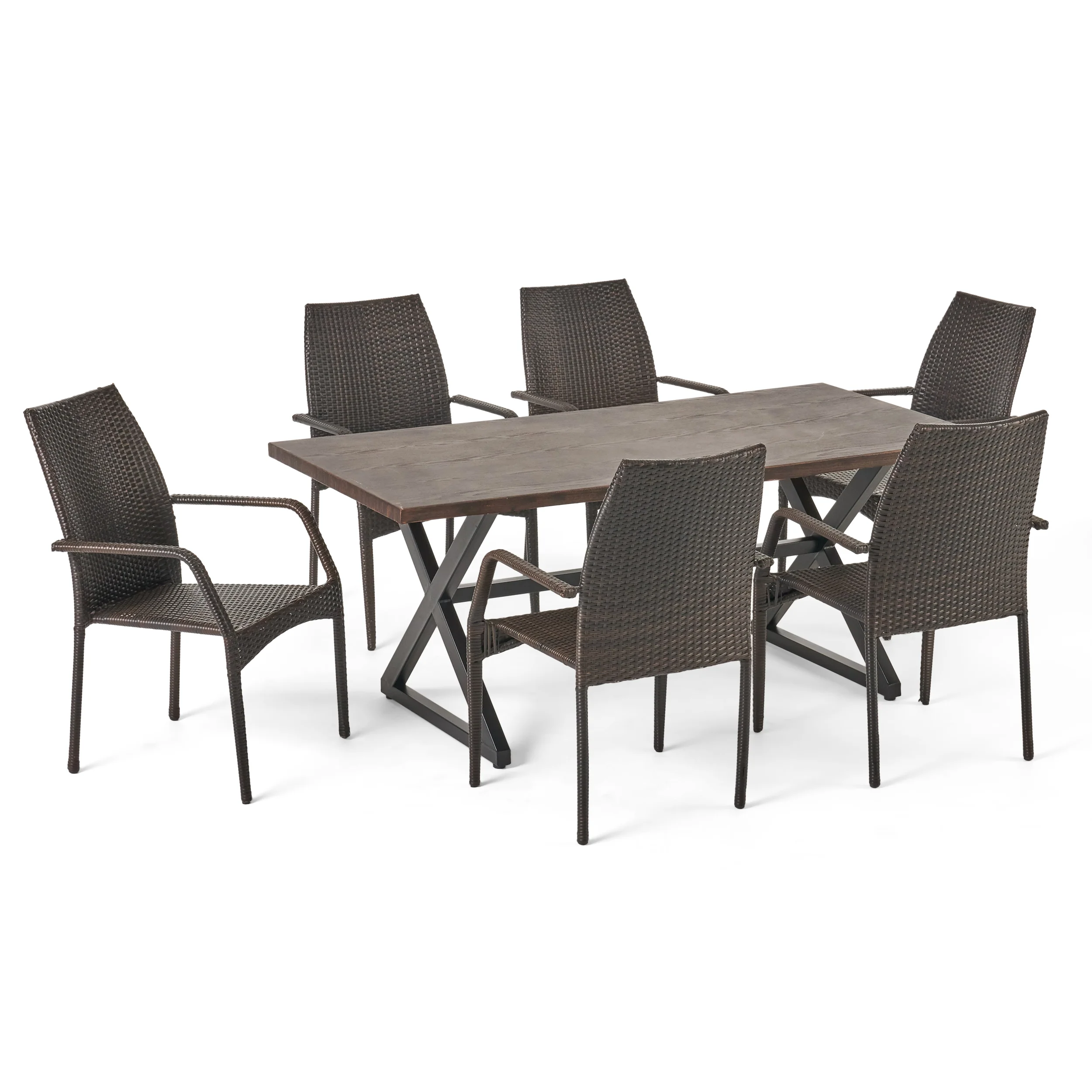 Harbosa Outdoor 7 Piece Multi-brown Wicker Dining Set with Brown Aluminum Table - furnishings