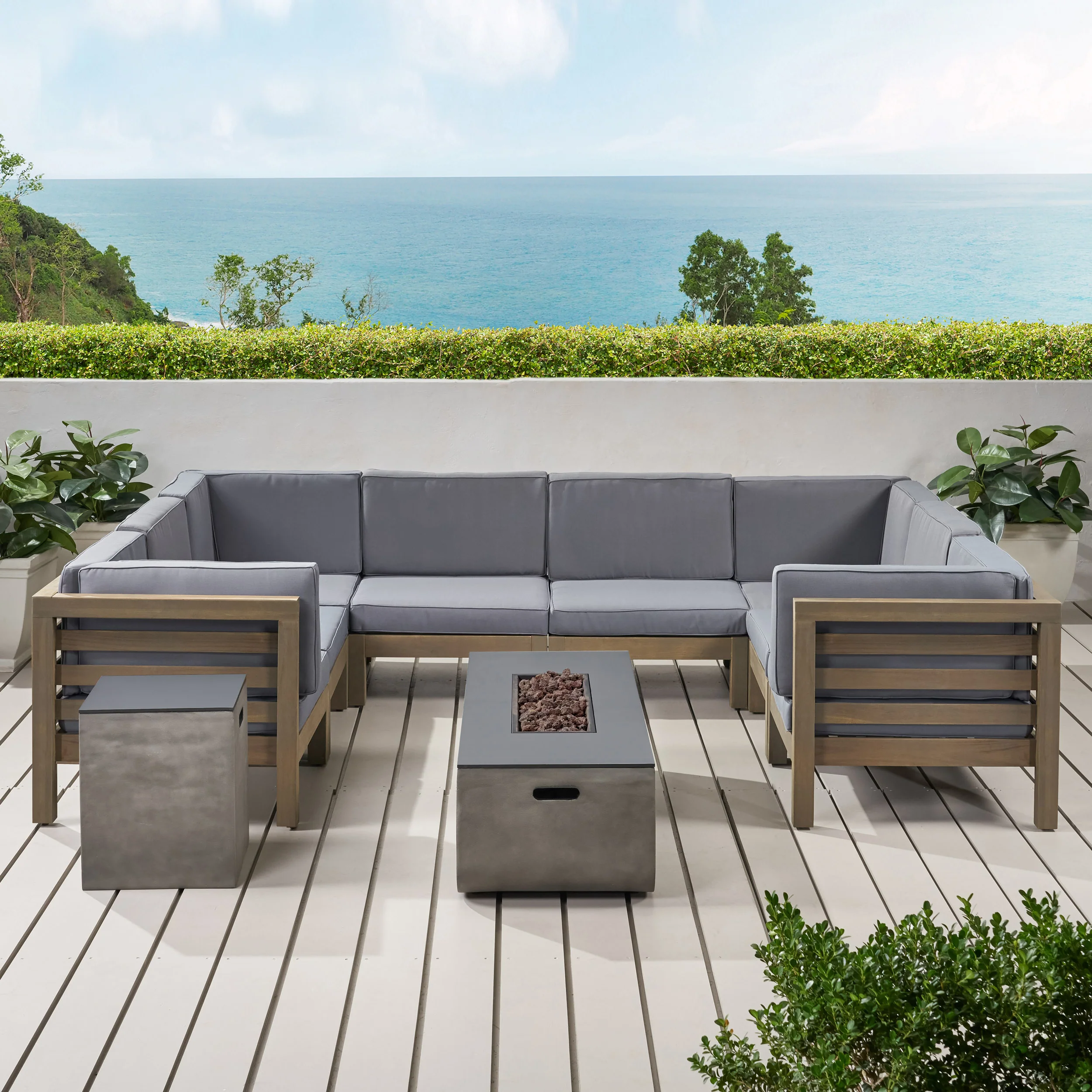 Ziyad Outdoor 8 Seater Acacia Wood Sectional Sofa Set with Fire Pit and Tank Holder - furnishings