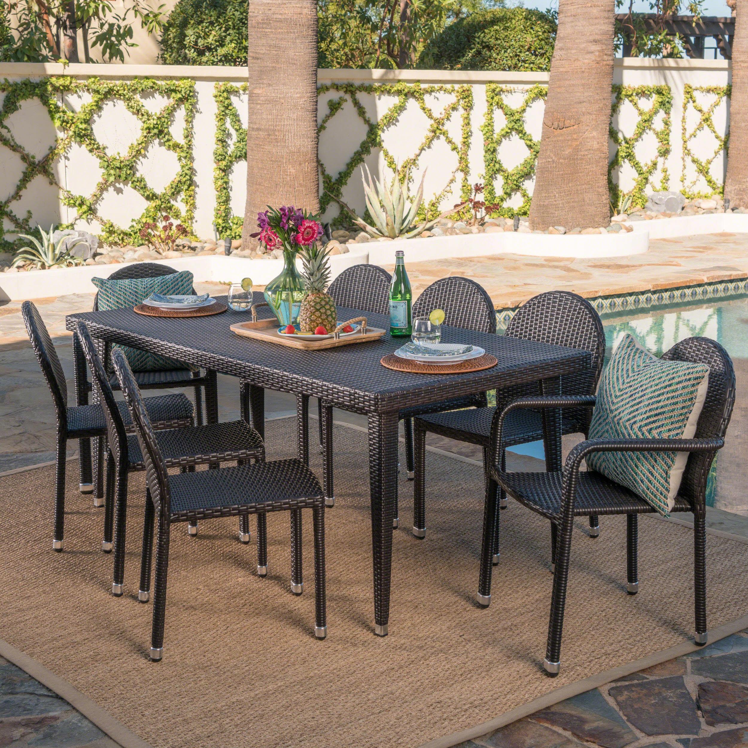 Antoinette Outdoor 9 Piece Multi-brown Wicker Dining Set with Stacking Chairs - furnishings