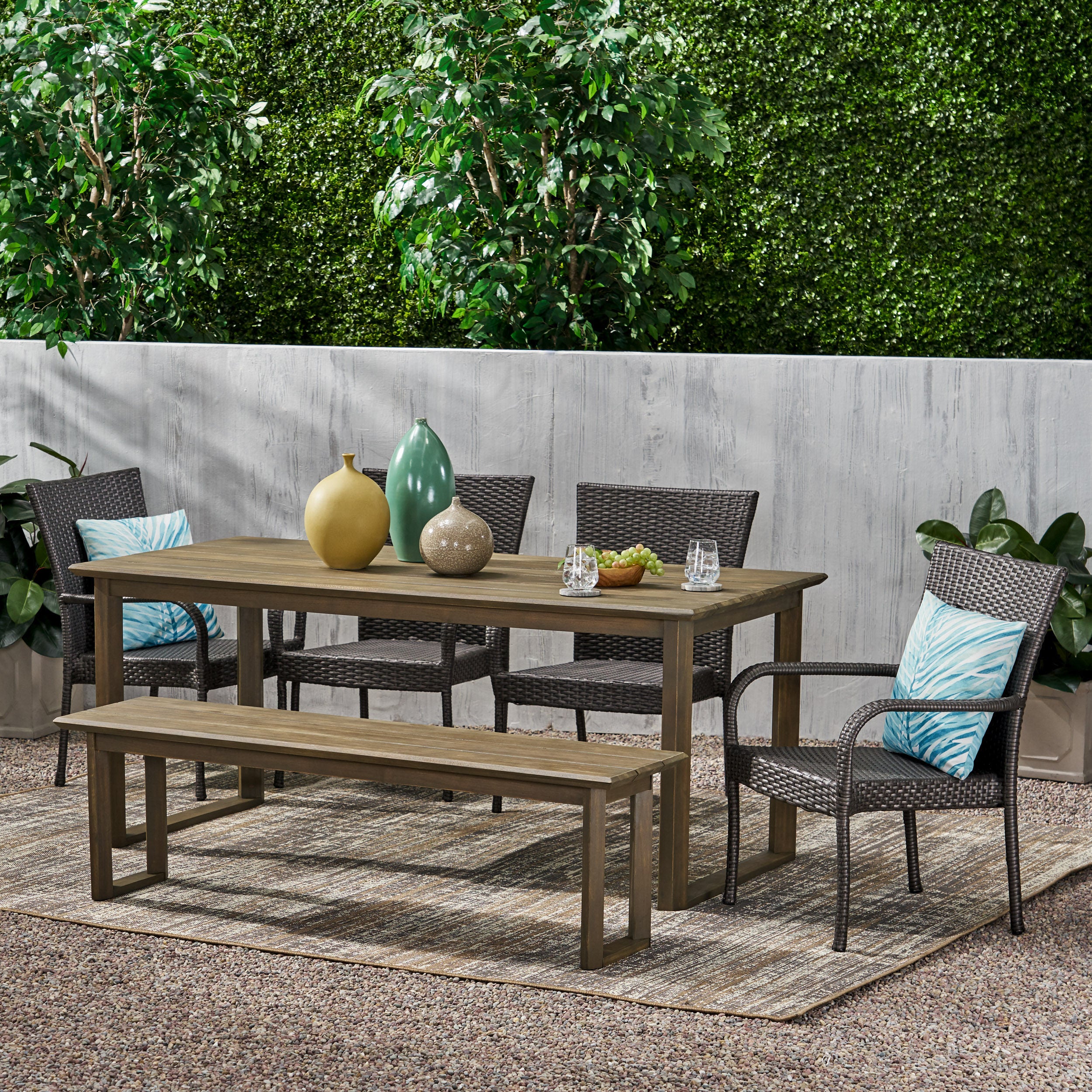 Conifer Outdoor Acacia Wood and Wicker 6 Piece Dining Set with Bench - furnishings