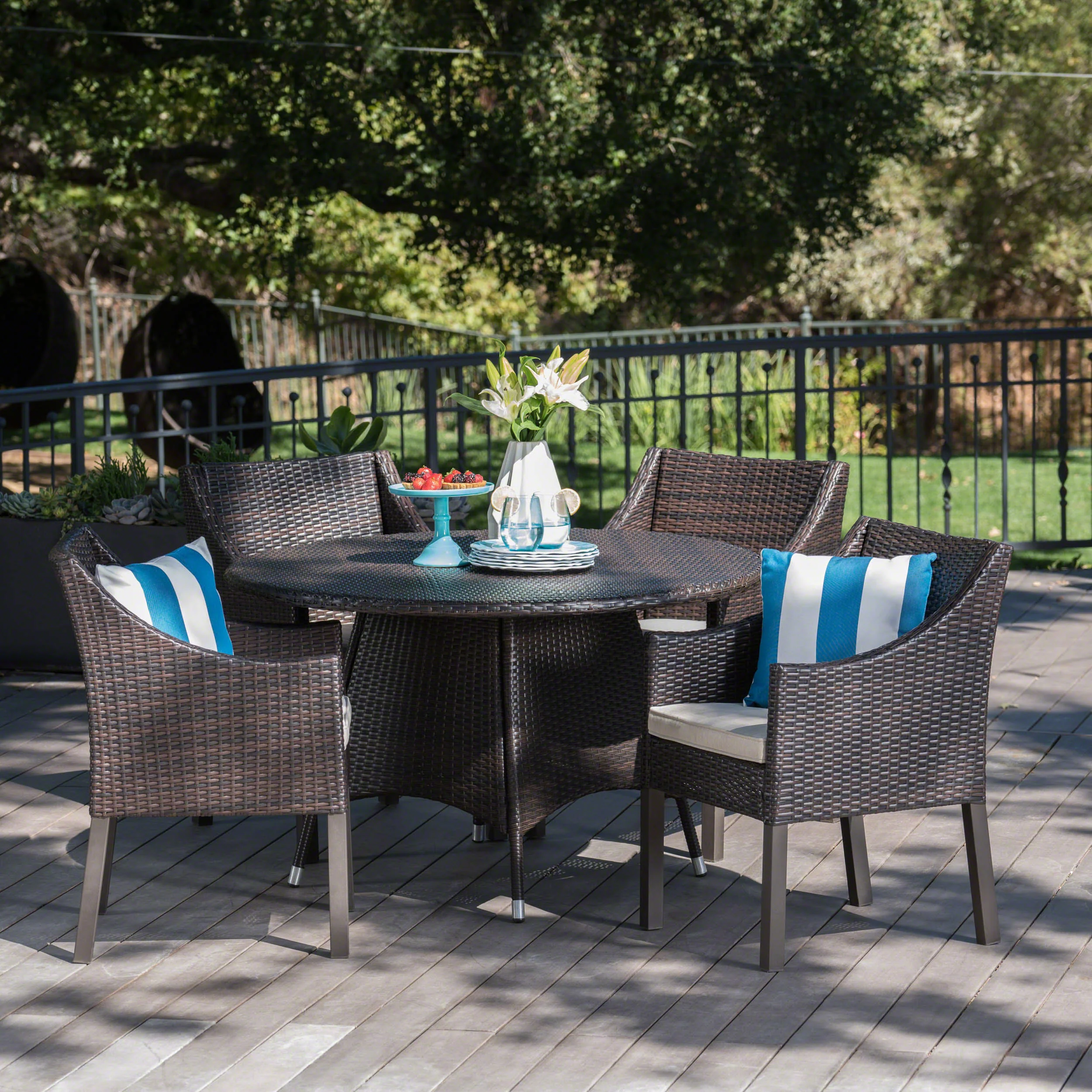 Frances Outdoor 5 Piece Wicker Dining Set with Water Resistant Cushions - furnishings