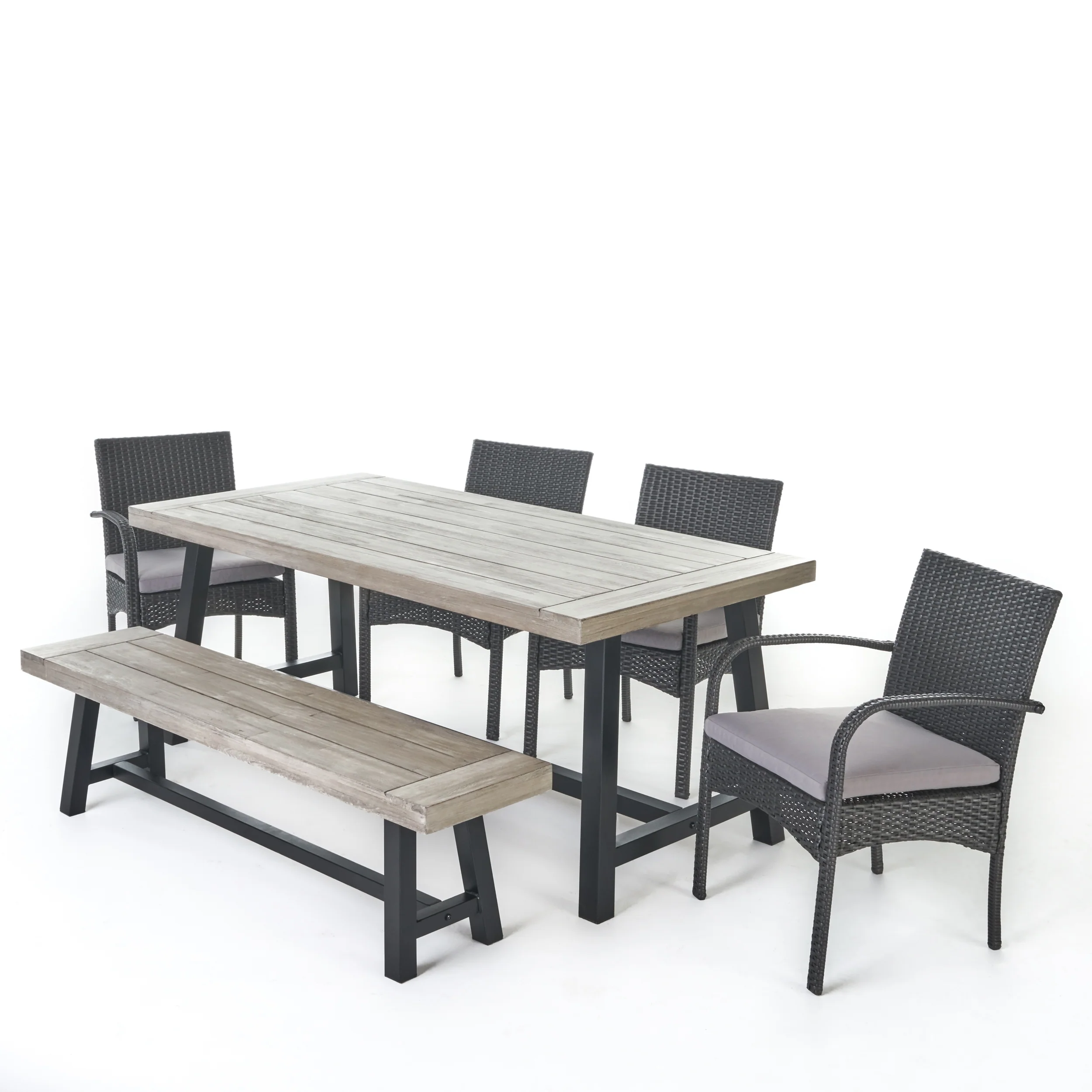 Louise Outdoor 6 Piece Wicker & Acacia Wood Dining Set - furnishings