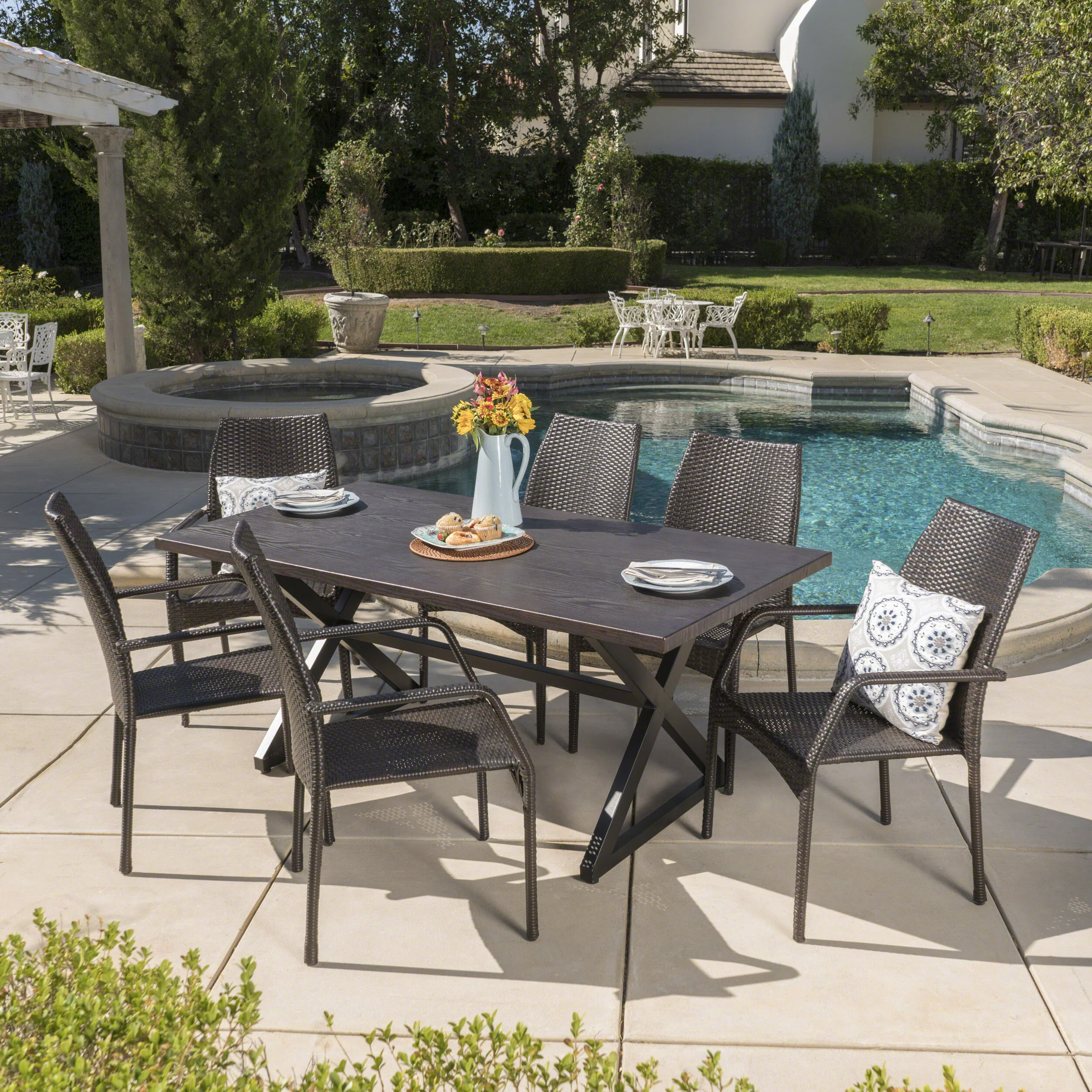 Harbosa Outdoor 7 Piece Multi-brown Wicker Dining Set with Brown Aluminum Table - furnishings