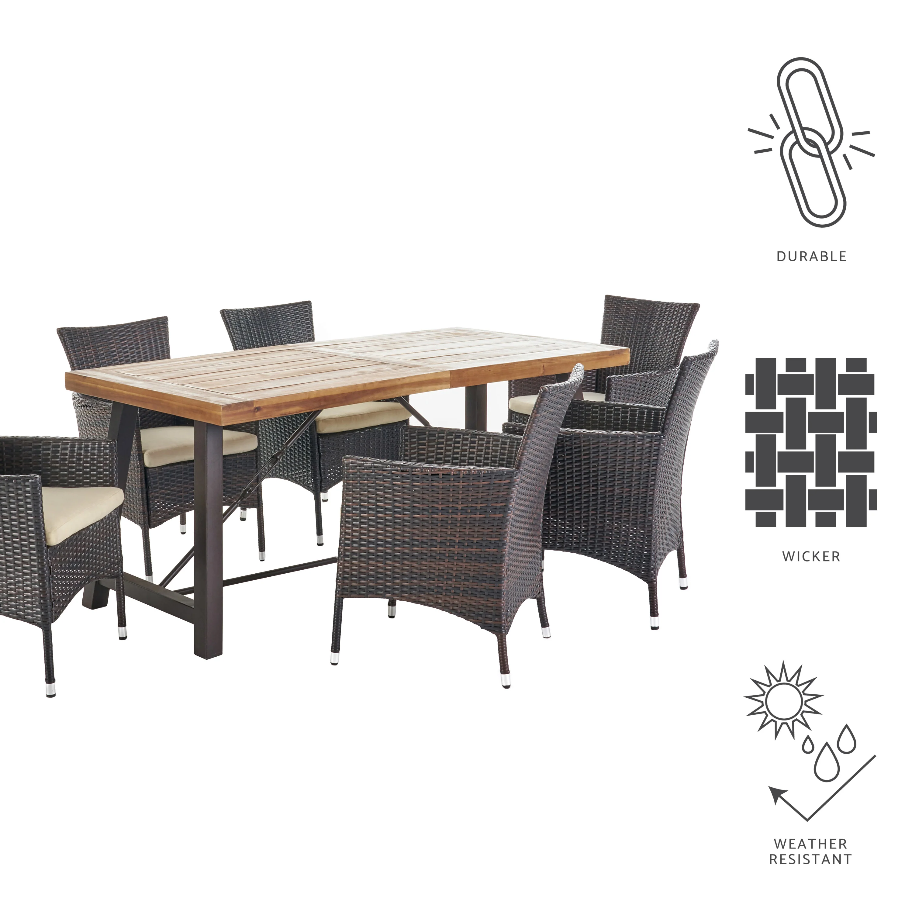 Toretto Outdoor 7 Piece Dining Set with Teak Finished Wood Table and Brown Chairs - furnishings
