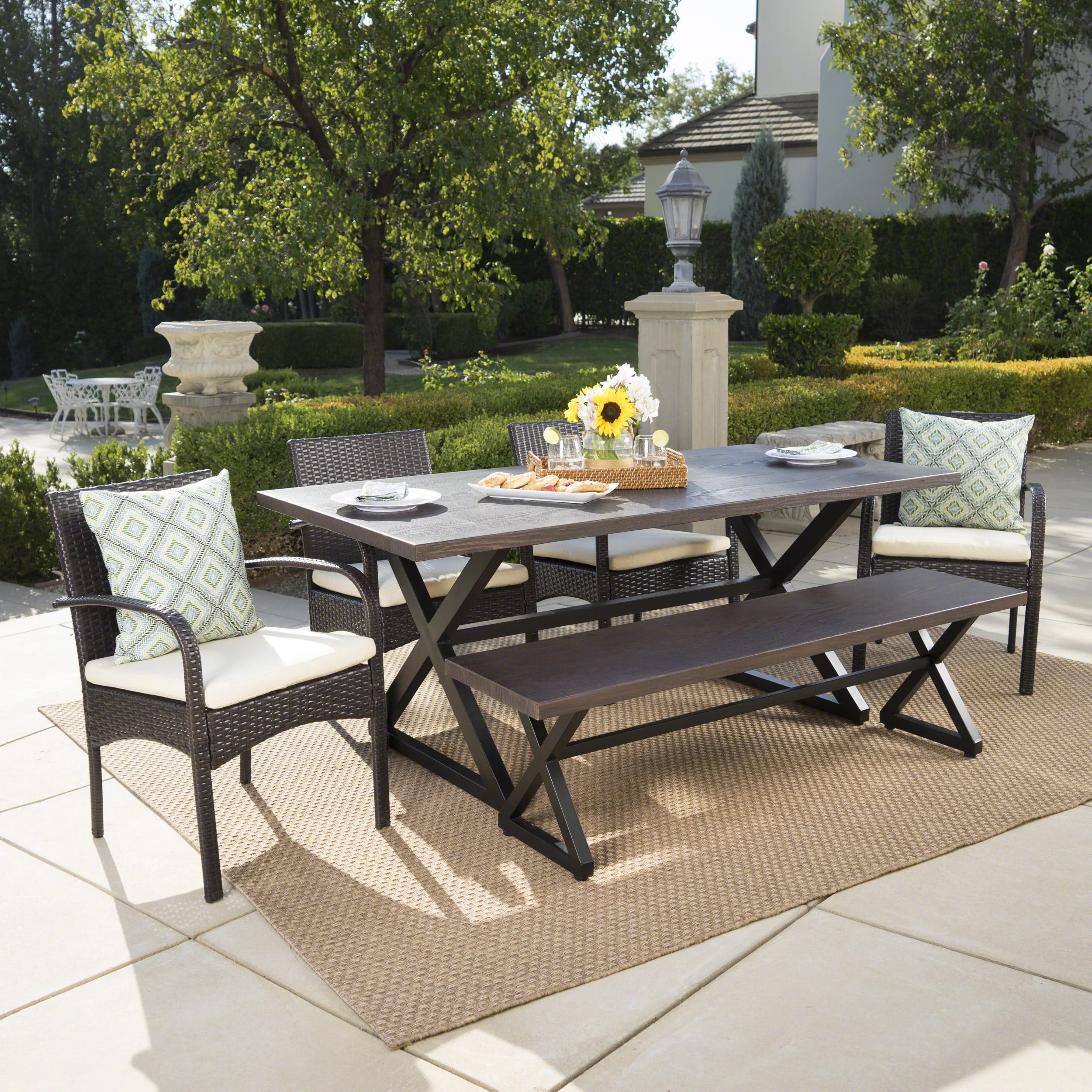 Palladium Outdoor 6 Piece Brown Aluminum Dining Set with Bench and Wicker Dining Chairs - furnishings