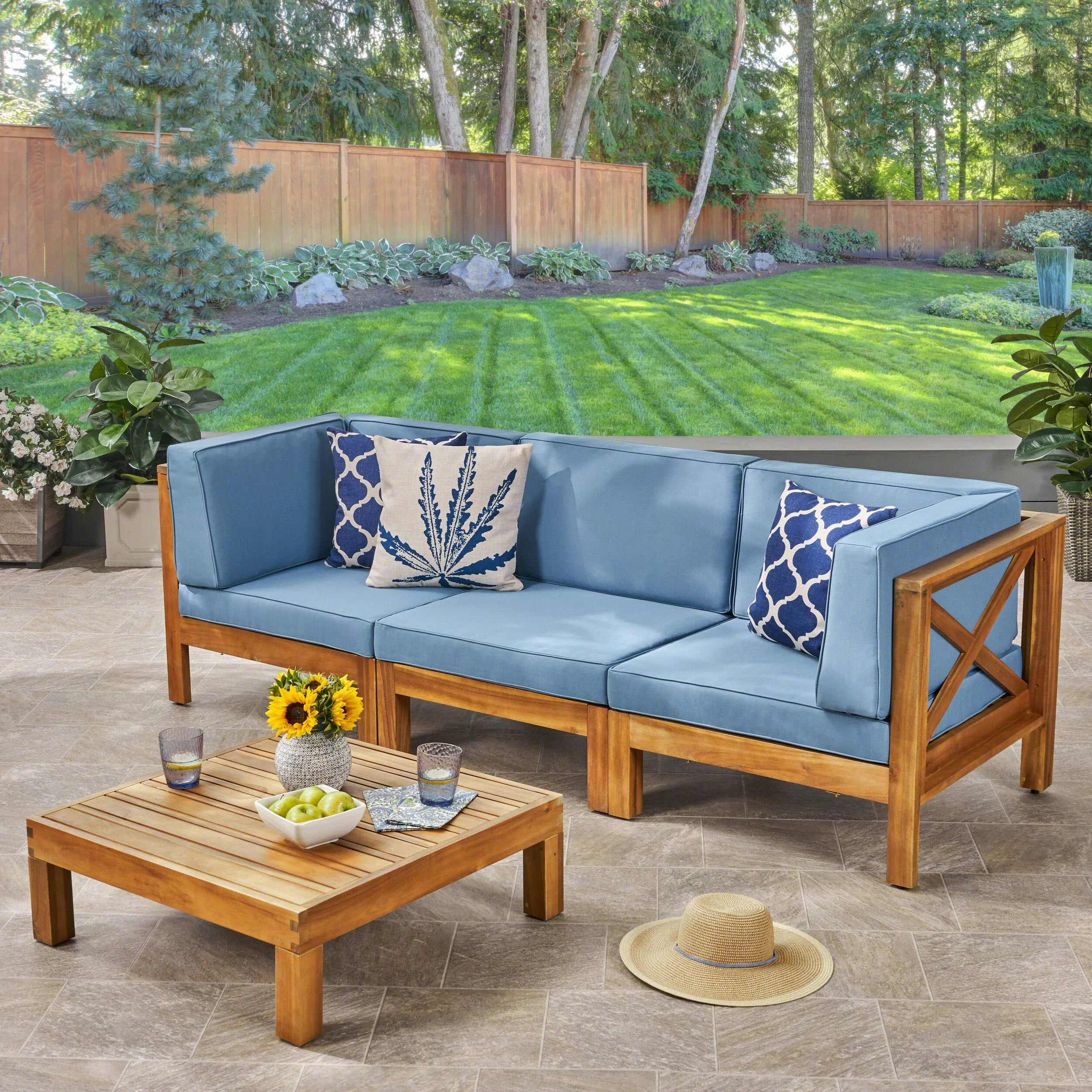 Brava Outdoor Modular Acacia Wood Sofa and Coffee Table Set with Cushions - furnishings