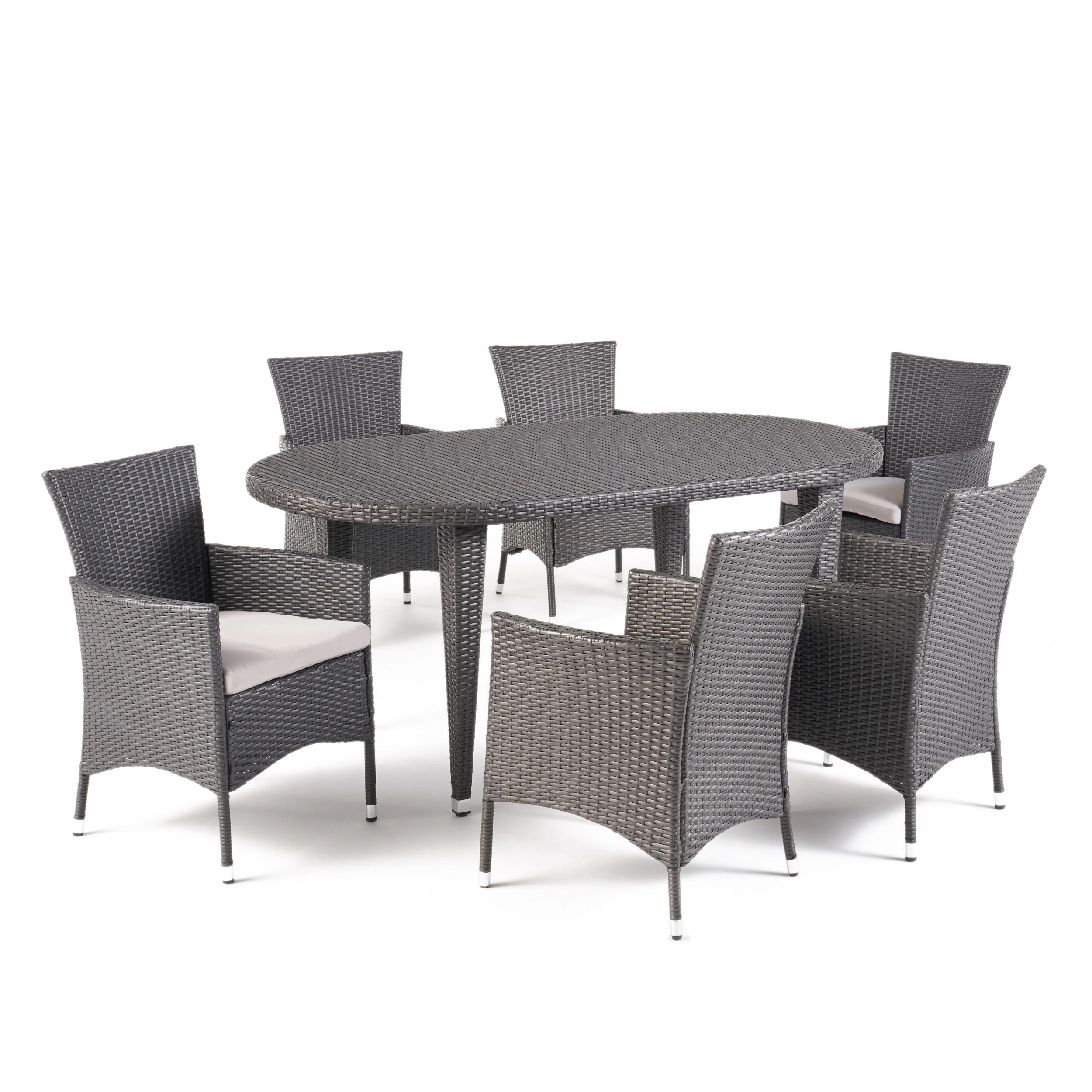 Vineland Outdoor 7 Piece Gray Wicker Oval Dining Set with Silver Water Resistant Cushions - furnishings