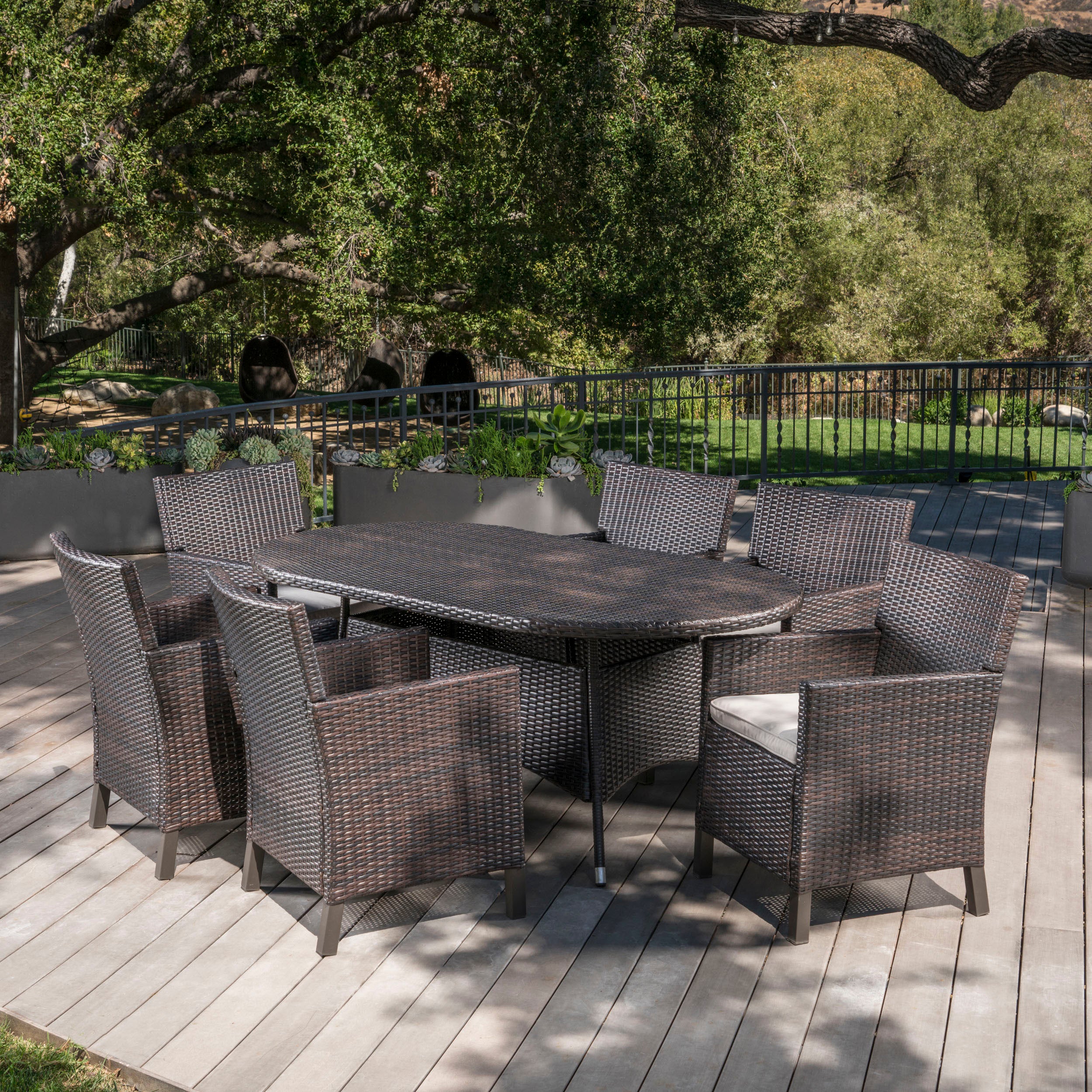Cyril Outdoor 7 Piece Wicker Round Dining Set with Water Resistant Cushions - furnishings