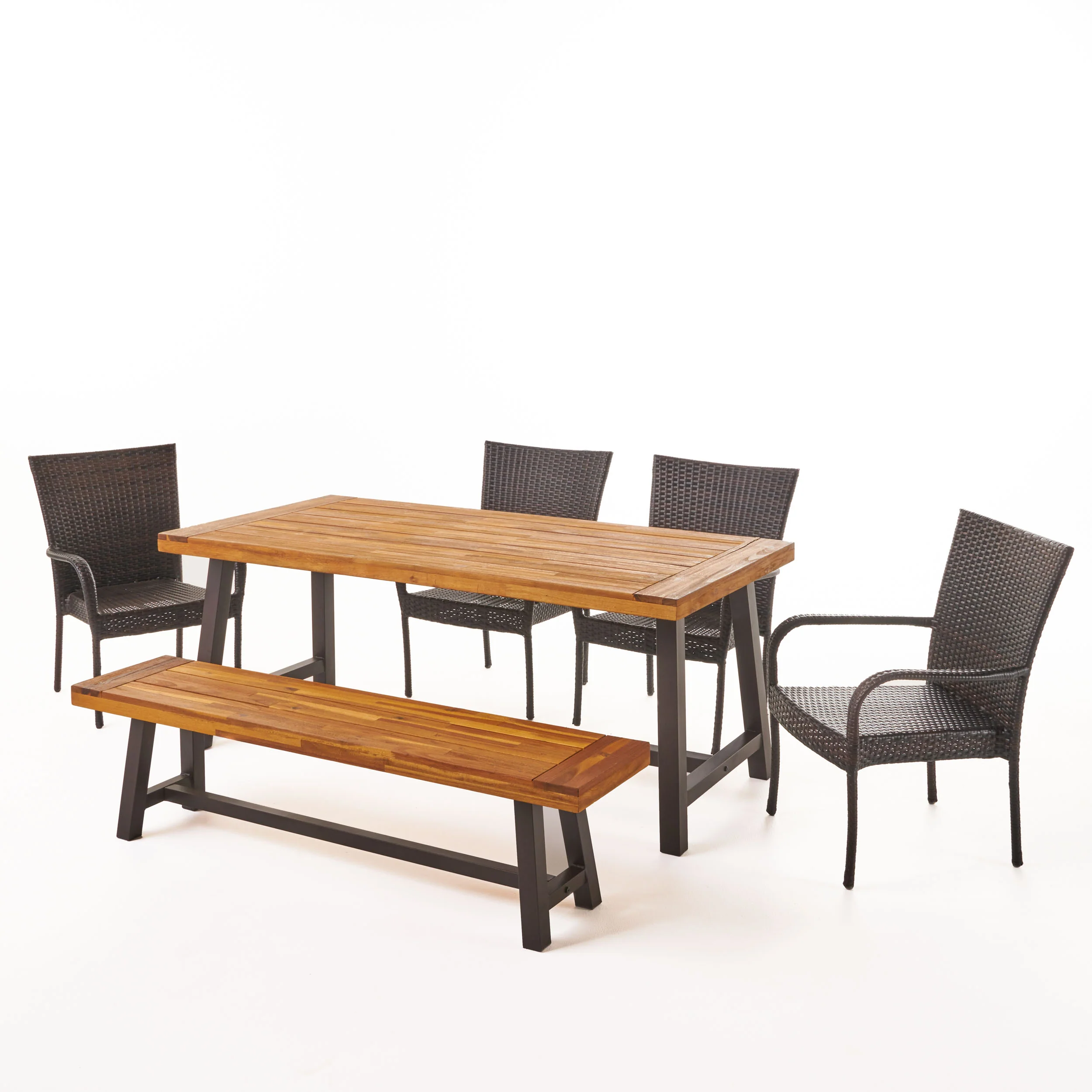 Luminous Outdoor 6 Piece Iron and Acacia Wood Dining Set with Wicker Stacking Chairs - furnishings
