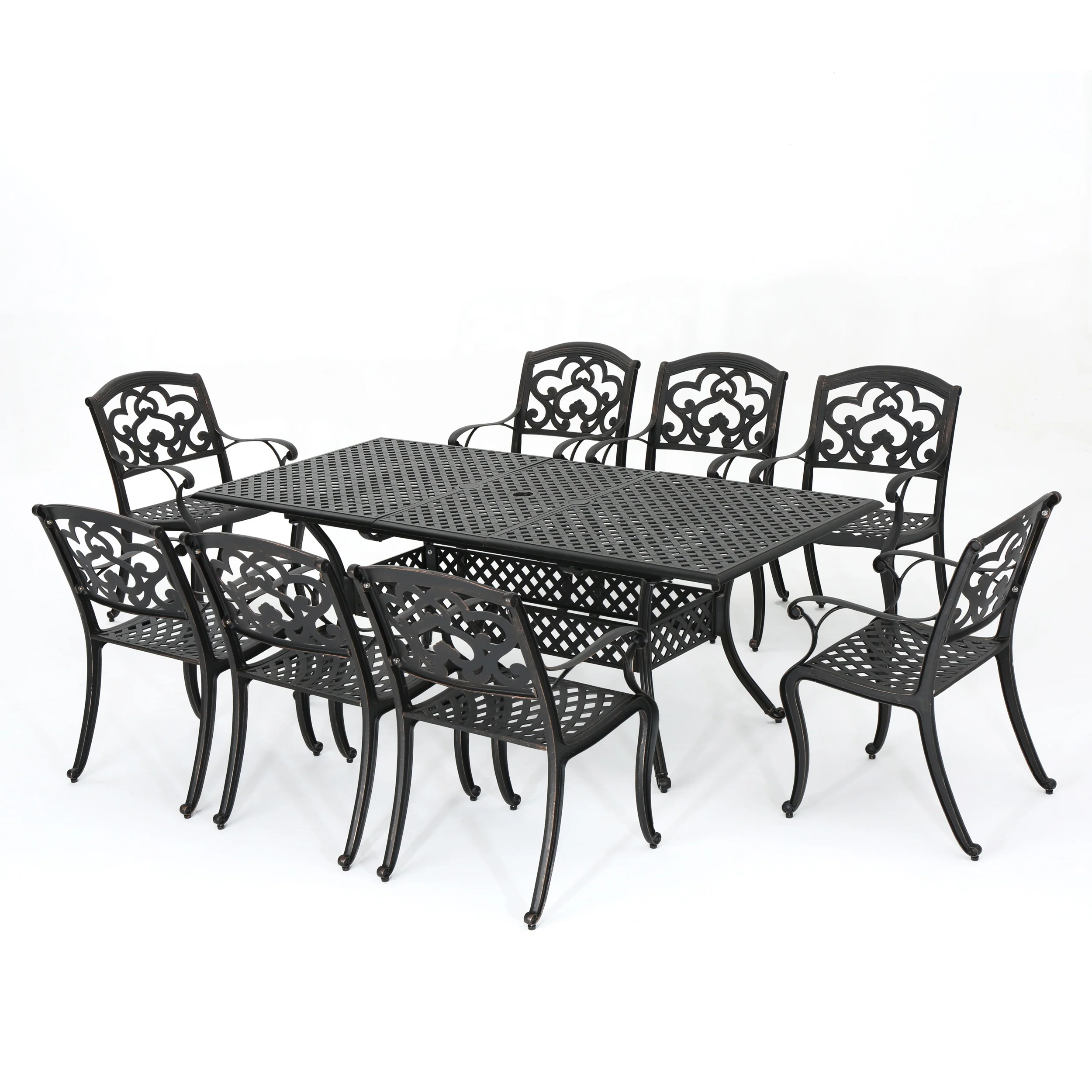 Ariel Outdoor 9 Piece Patina Copper Finish Cast Aluminum Dining Set - furnishings