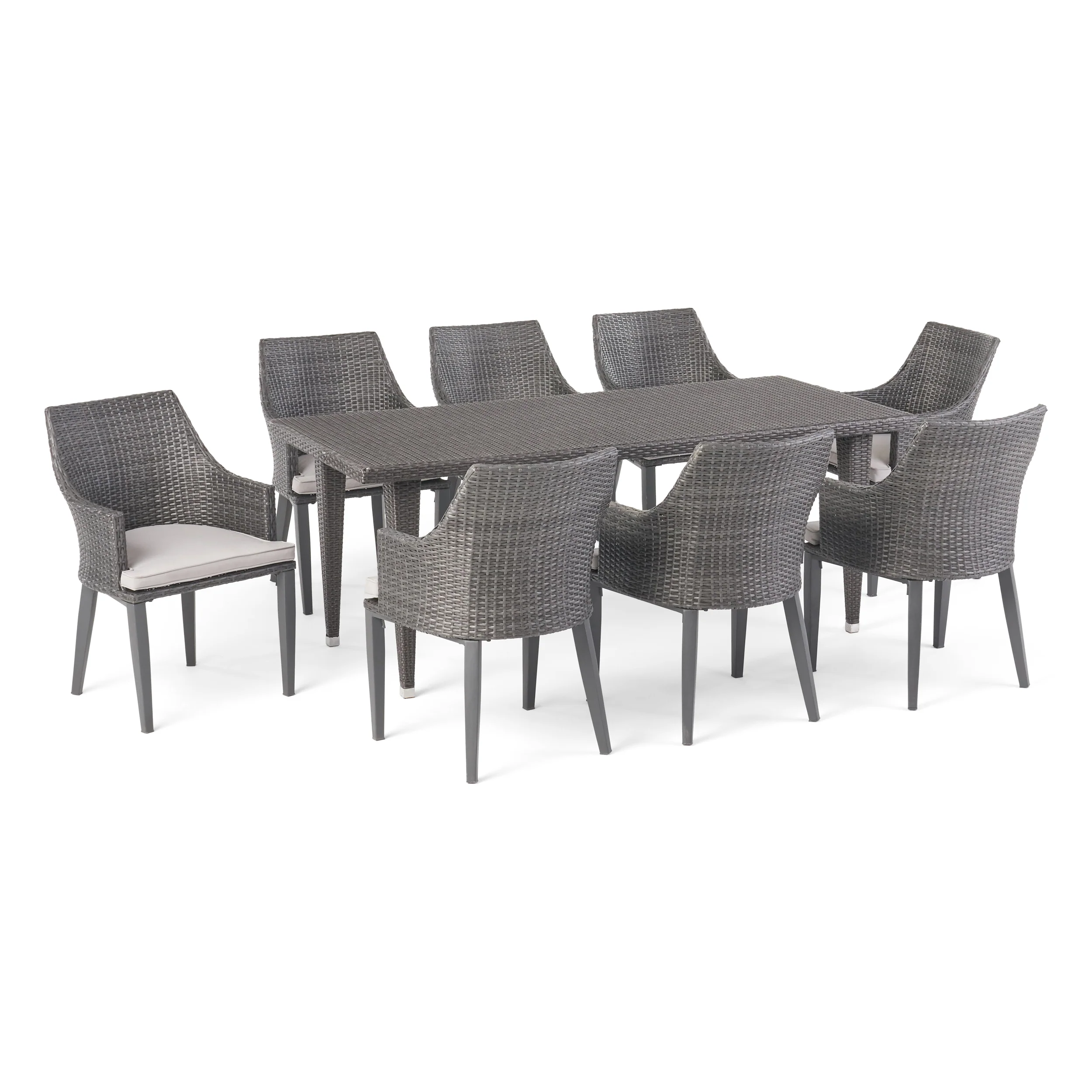 Lenorde Outdoor 9 Piece Wicker Rectangular Dining Set with Water Resistant Cushions - furnishings
