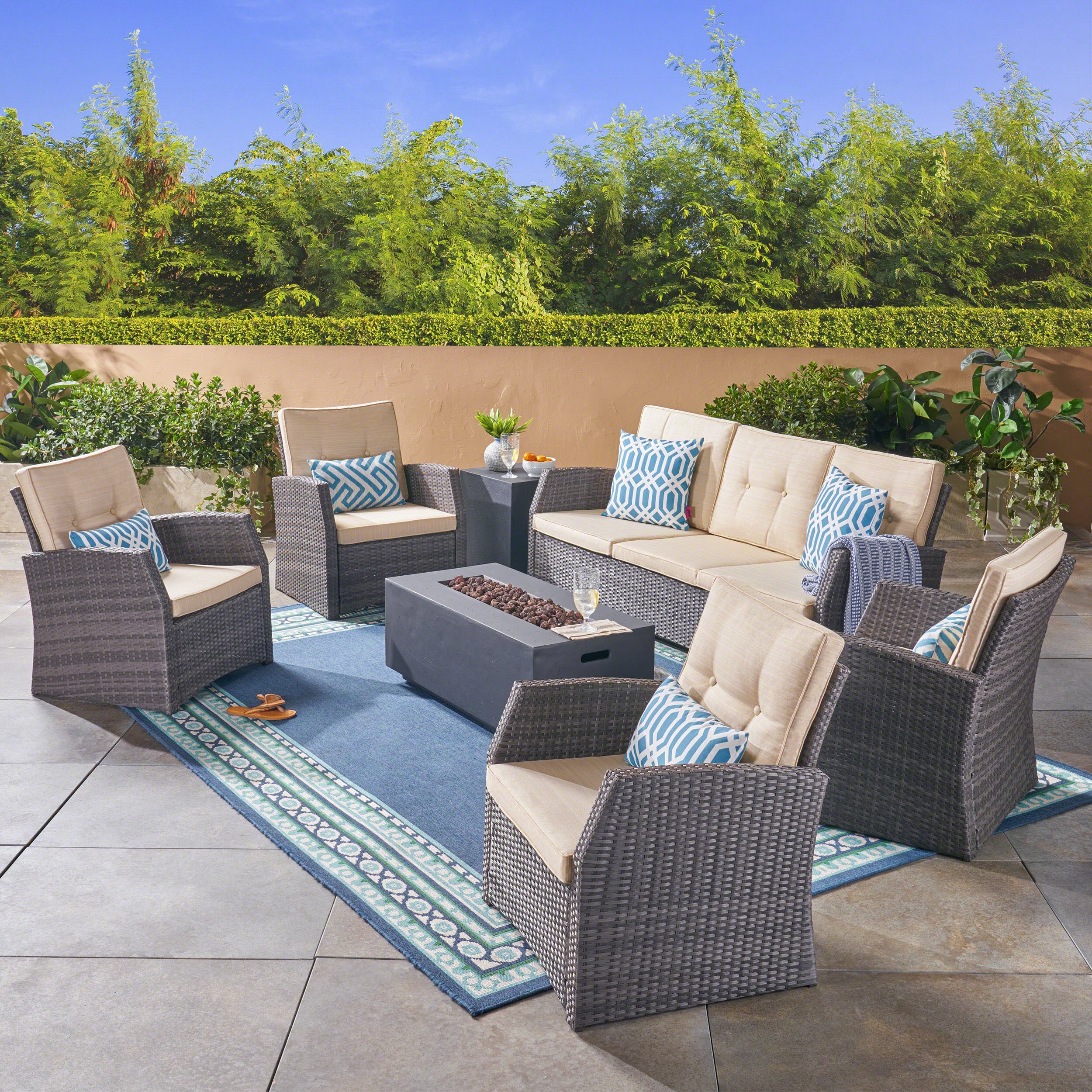 Jake Outdoor 7 Seater Wicker Chat Set with Light Weight Concrete Fire Pit, Gray and Dark Gray - furnishings