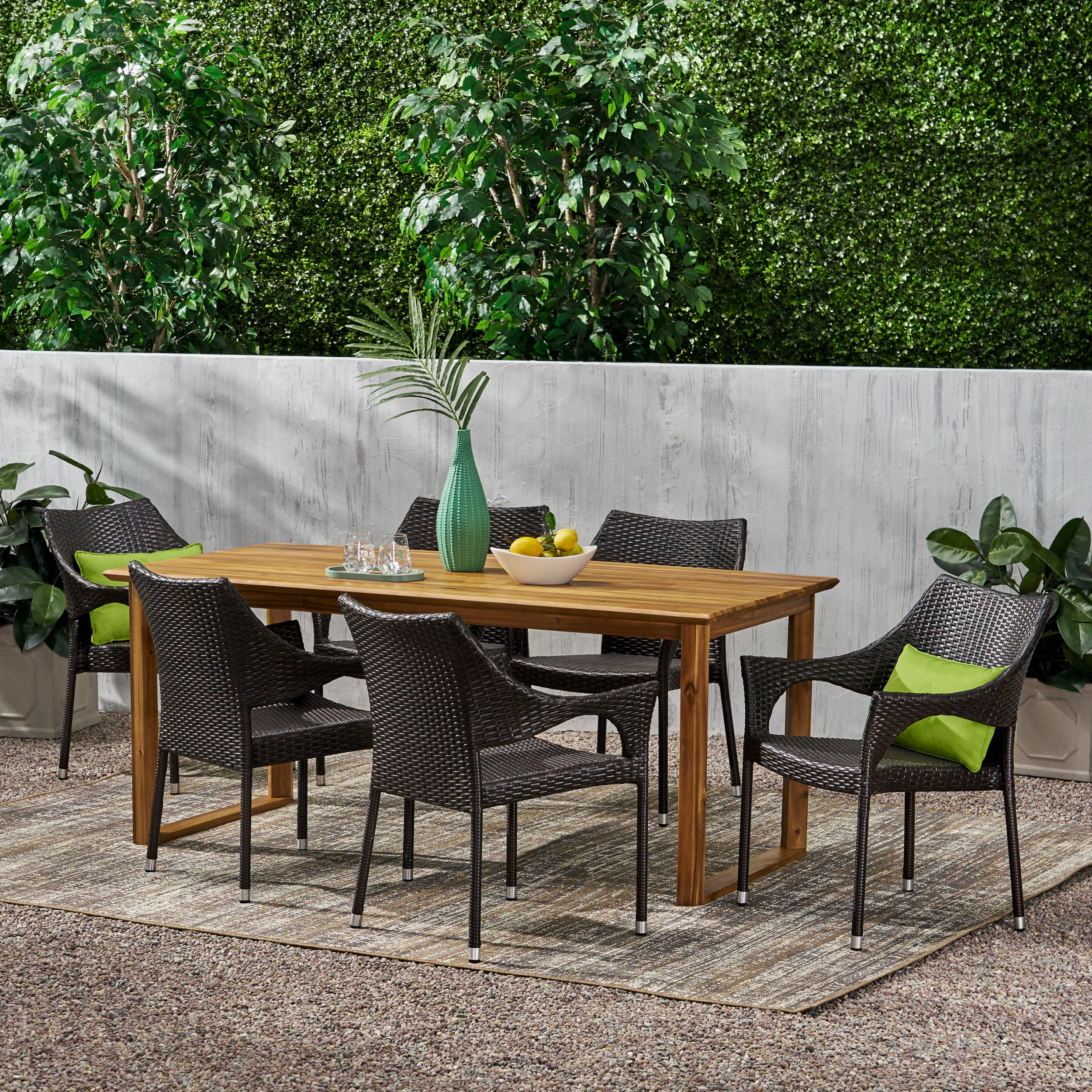 Ellendale Outdoor Acacia Wood and Wicker 7 Piece Dining Set - furnishings