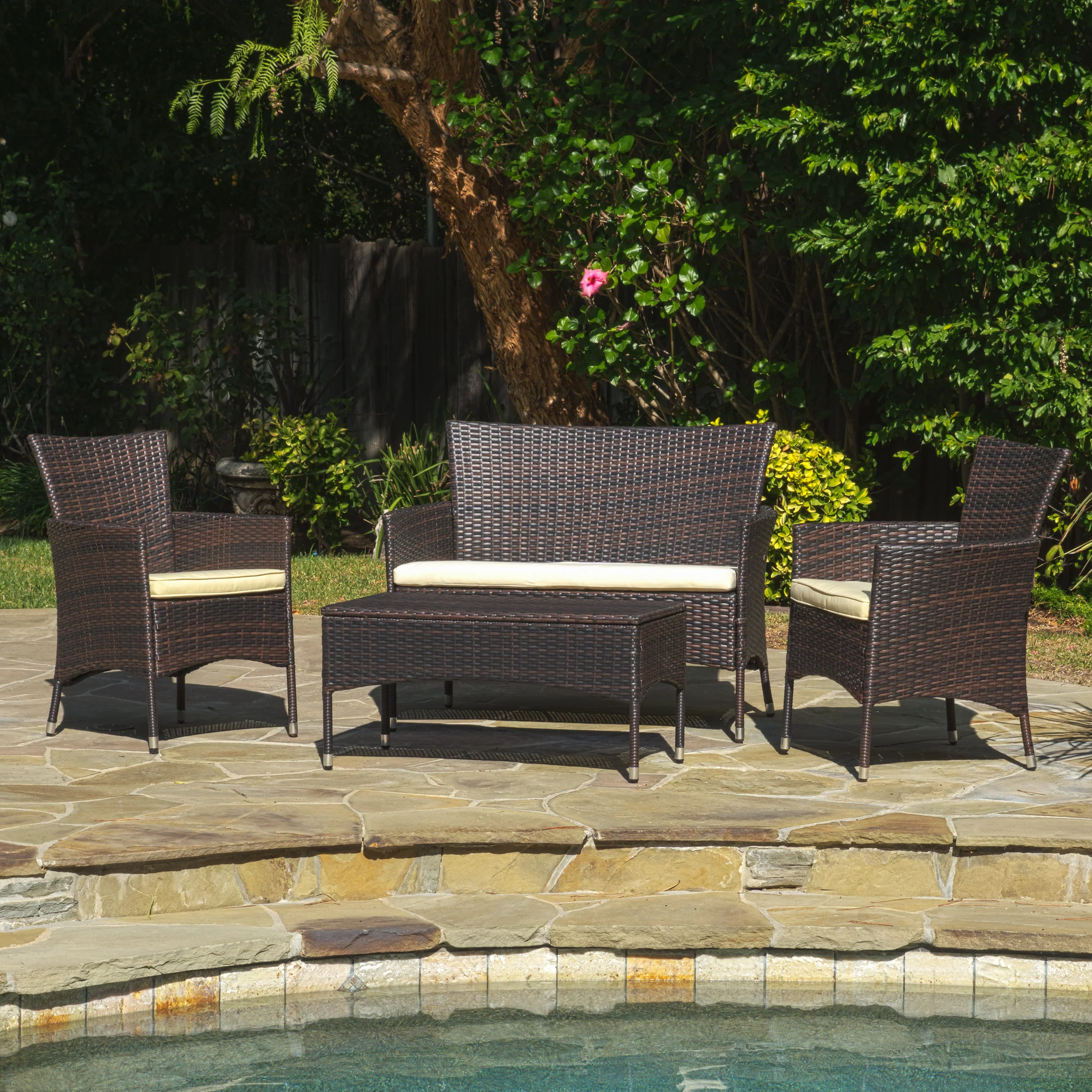 Mina Outdoor 4 Piece Wicker Chat Set with Water Resistant Cushions - furnishings